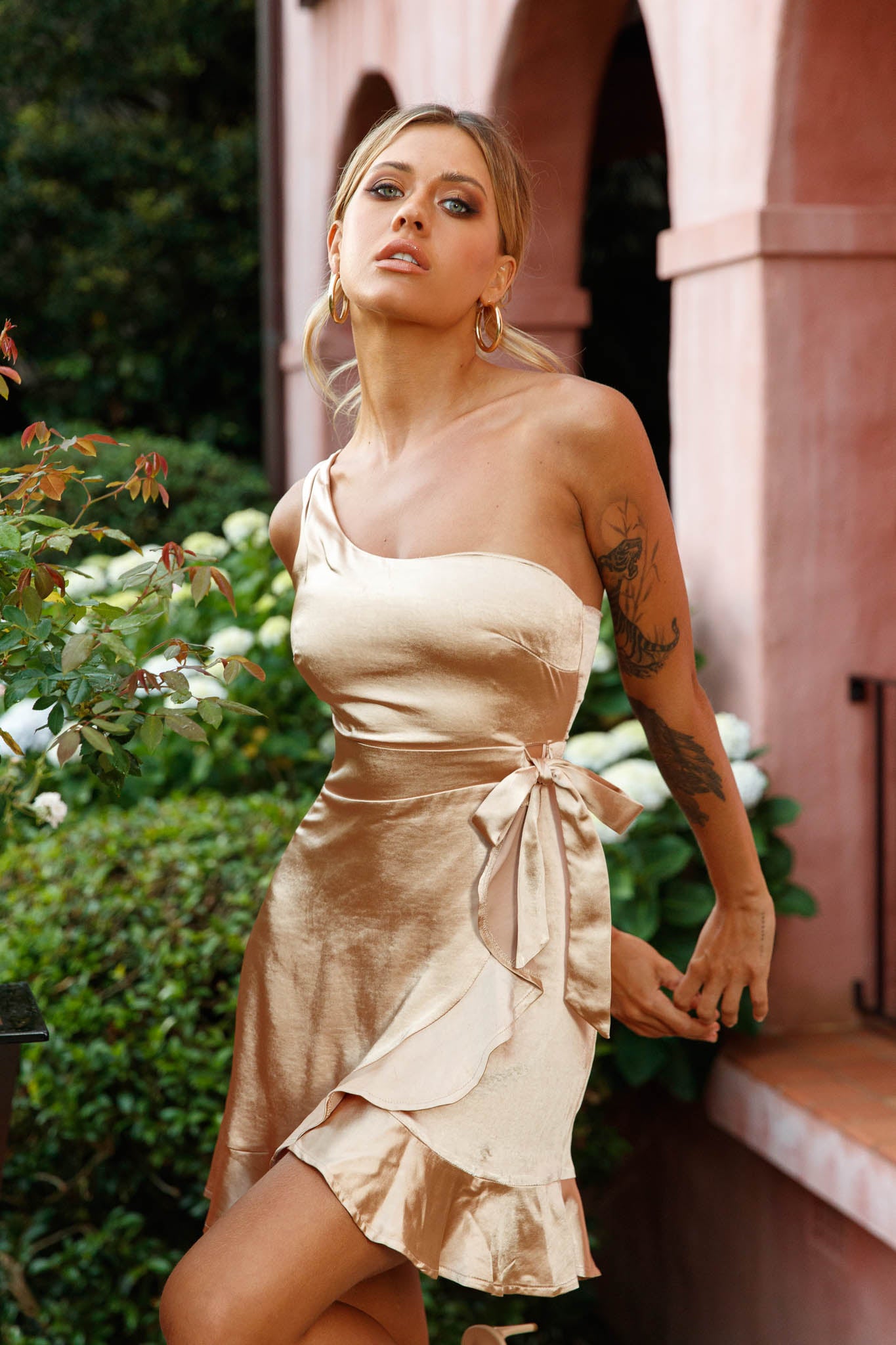 Waiting For Tonight One Shoulder Faux Wrap Dress Champagne by Selfie Leslie