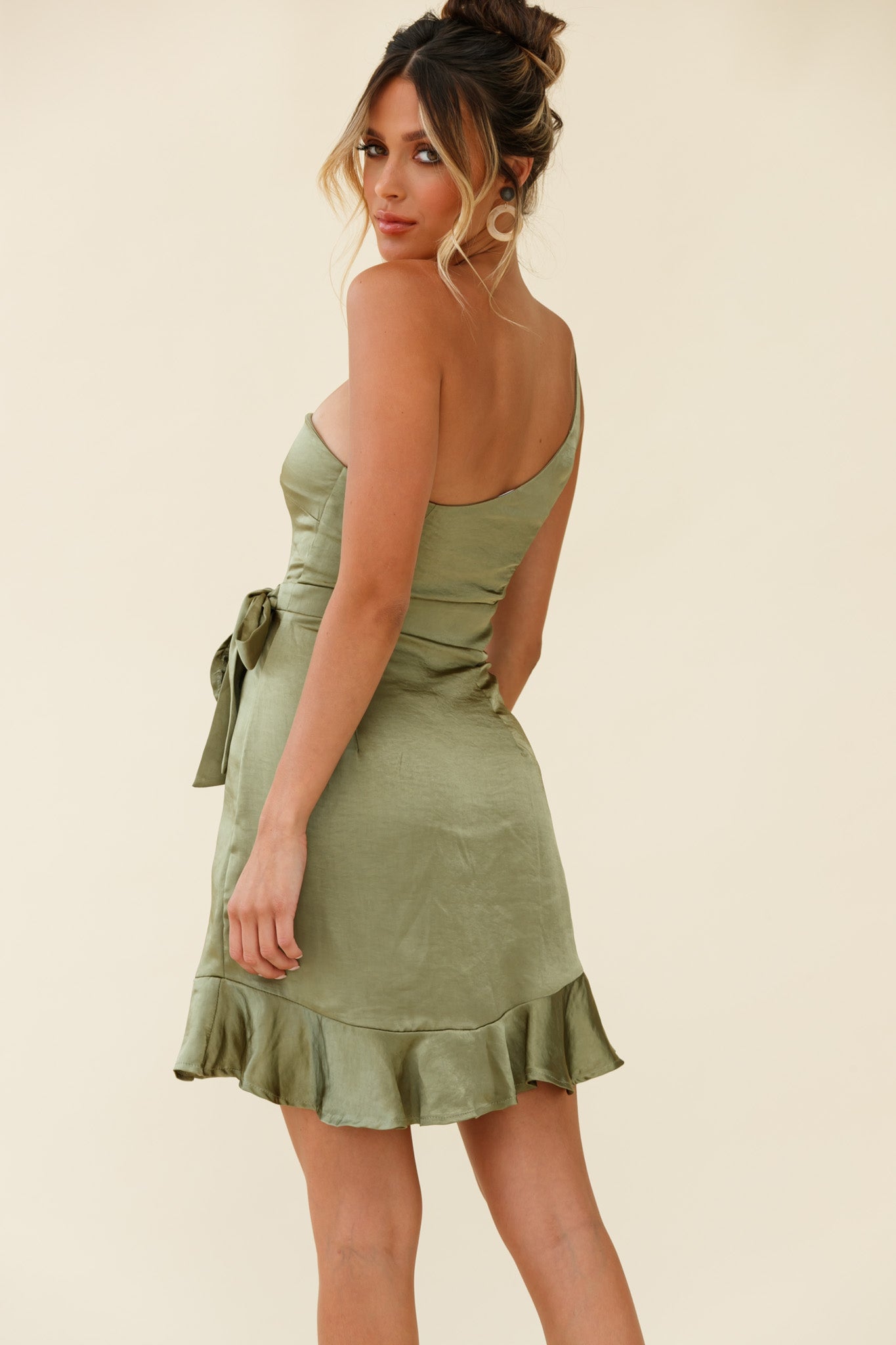Waiting For Tonight One Shoulder Faux Wrap Dress Olive by Selfie Leslie