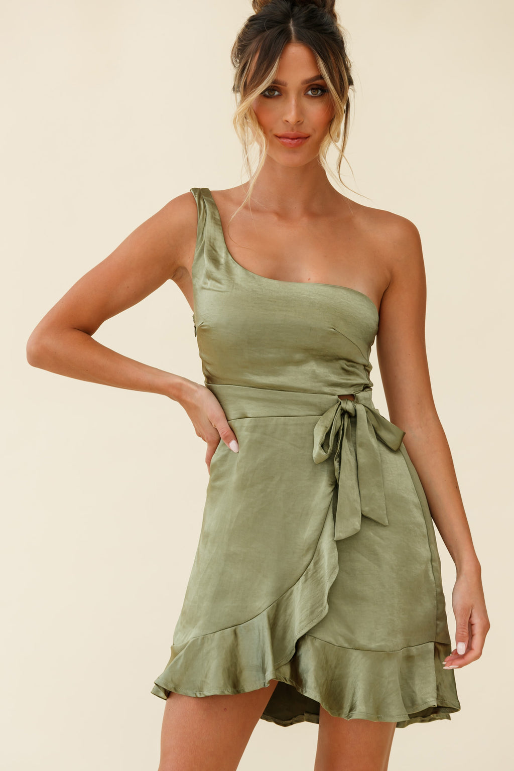 Waiting For Tonight One Shoulder Faux Wrap Dress Olive by Selfie Leslie