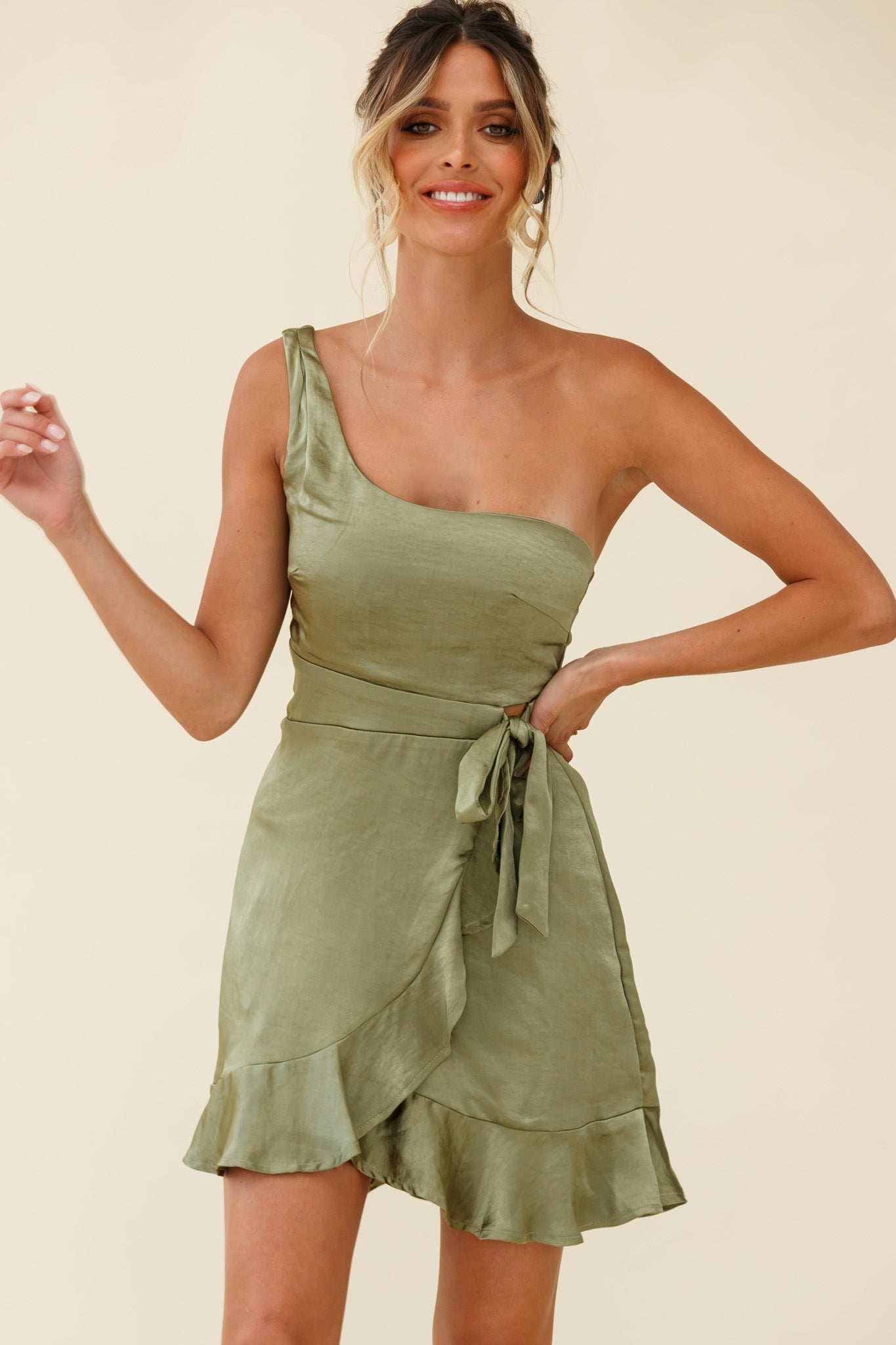 Waiting For Tonight One Shoulder Faux Wrap Dress Olive by Selfie Leslie
