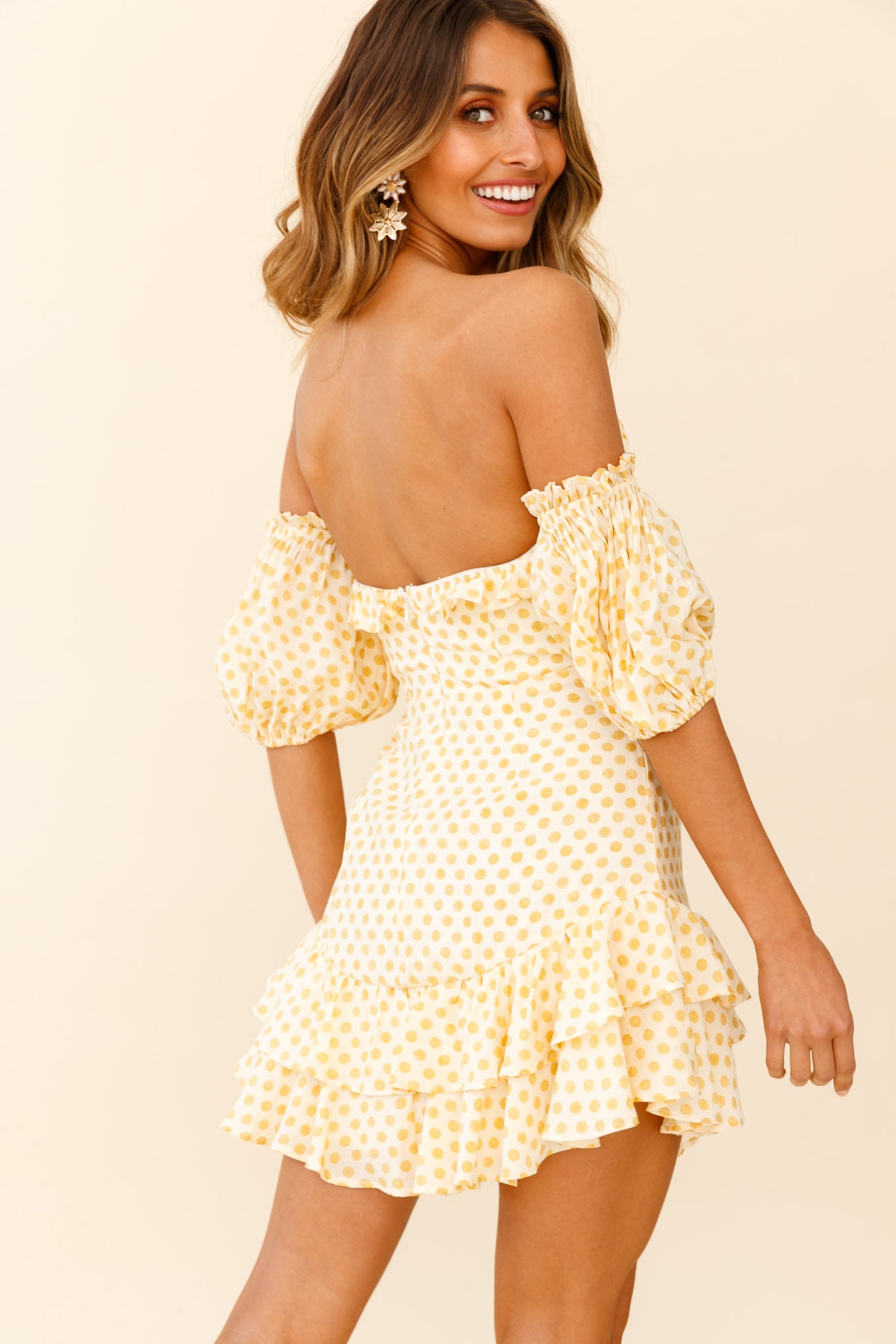 Homecoming Queen Sweetheart Neckline Puff Sleeve Dress Polka Dot Yello Homecoming Queen Sweetheart Neckline Puff Sleeve Dress Polka Dot Yello