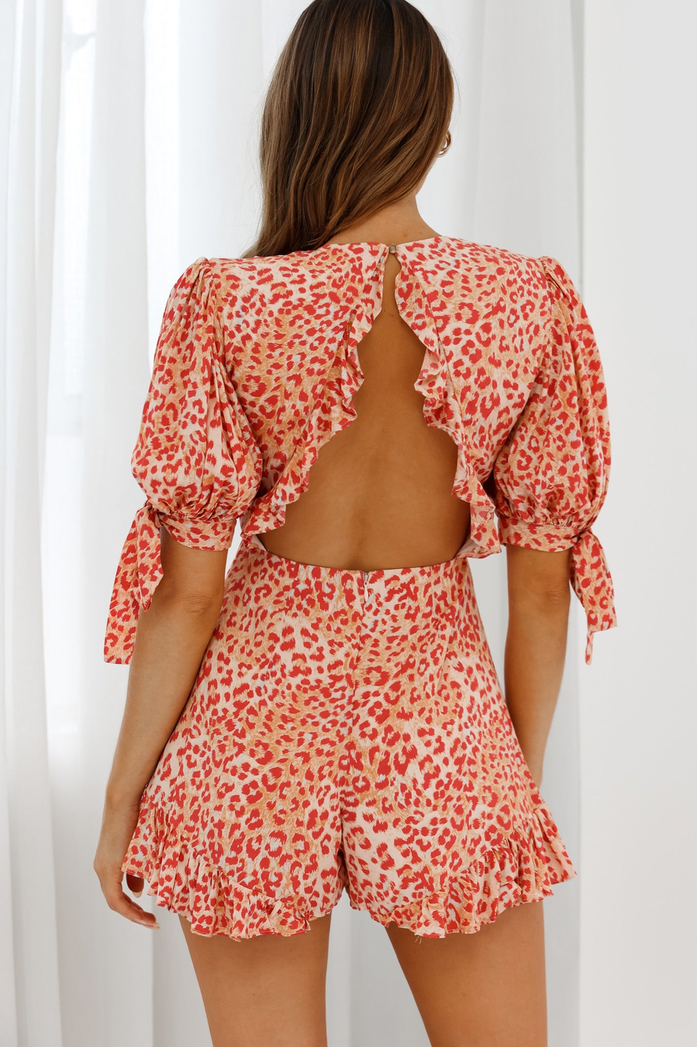 Francine Short Sleeve Tied Bust Romper Leopard Print Orange by Selfie Leslie