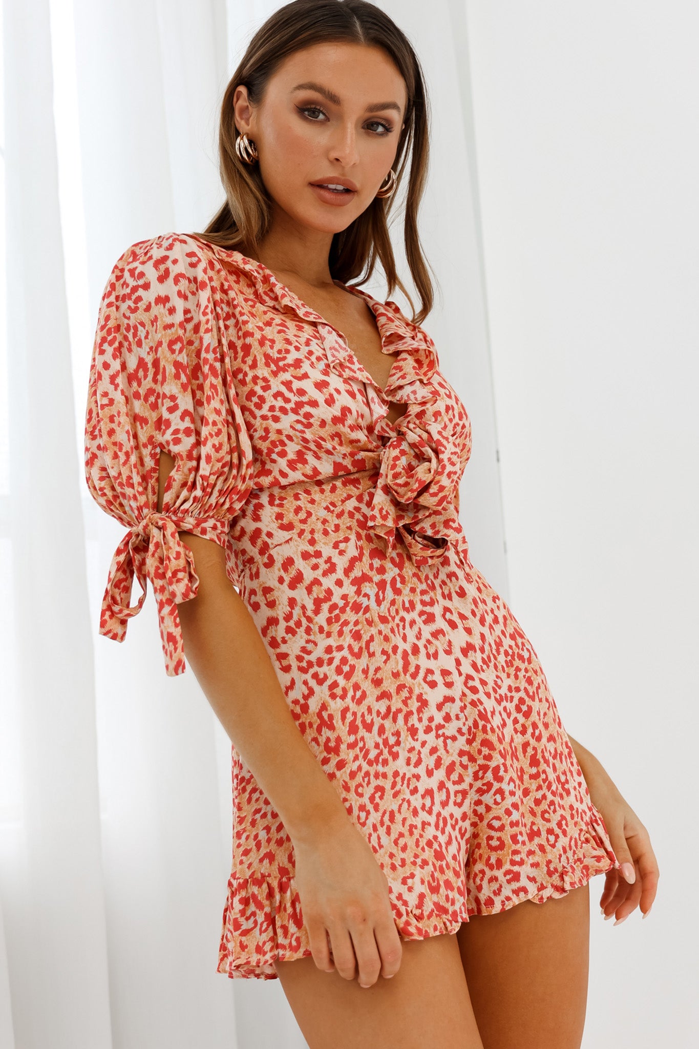 Francine Short Sleeve Tied Bust Romper Leopard Print Orange by Selfie Leslie