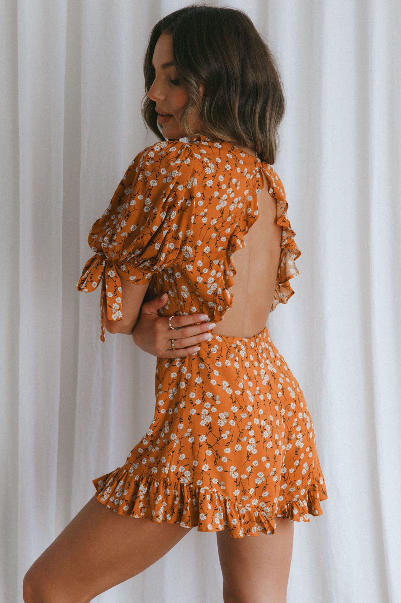 Francine Short Sleeve Tied Bust Romper Floral Orange by Selfie Leslie