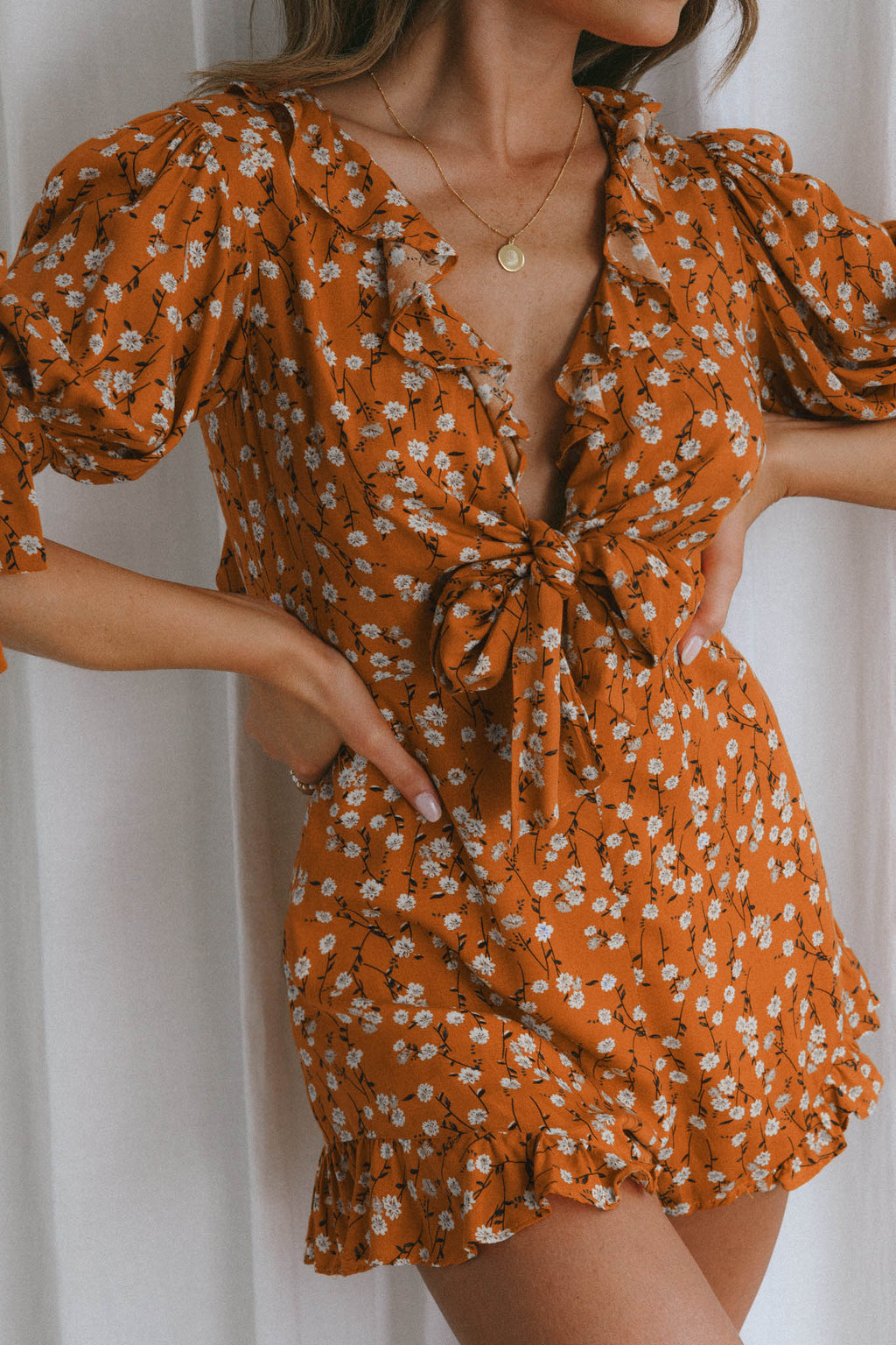 Francine Short Sleeve Tied Bust Romper Floral Orange by Selfie Leslie