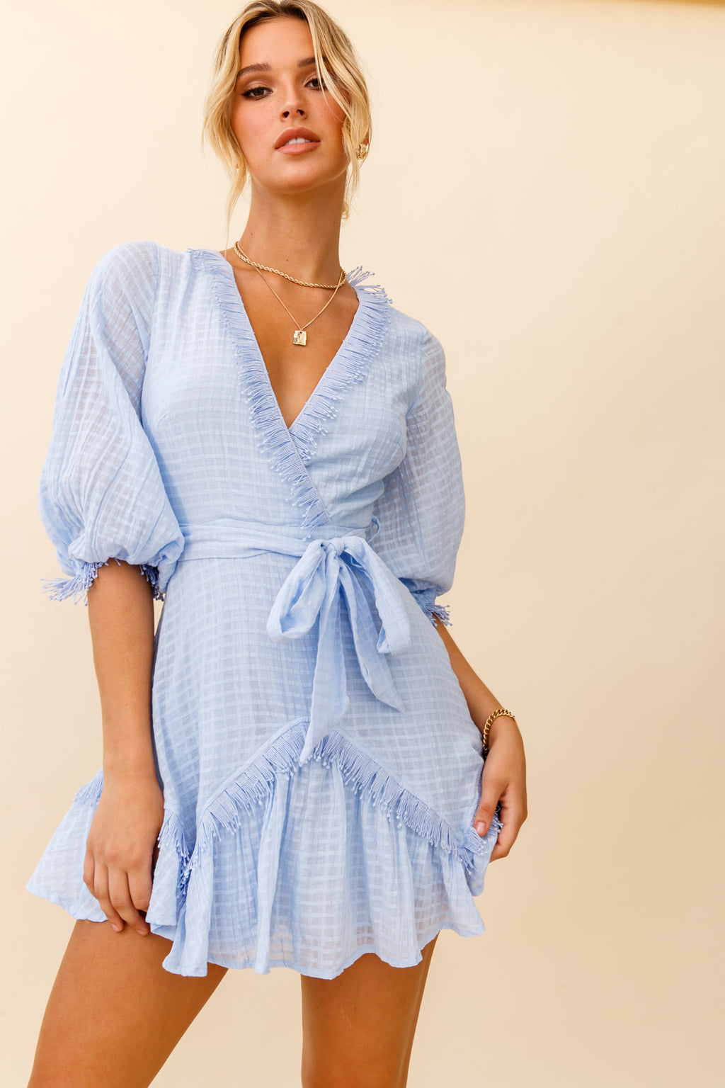 Flyin' Solo Fringe Trim Waist Tie Dress Steel Blue by Selfie Leslie