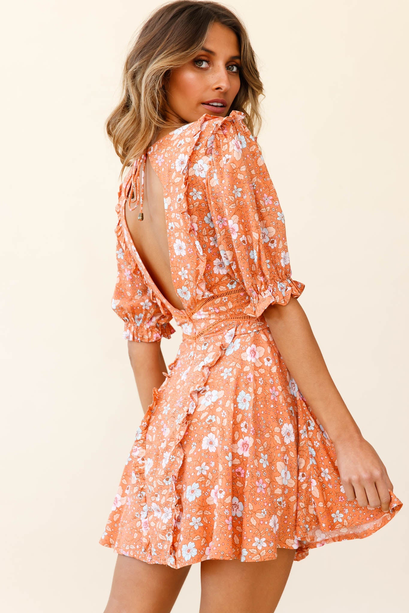 First Impressions Puff Sleeve Keyhole Back Dress Floral Print Orange/Pink by Selfie Leslie