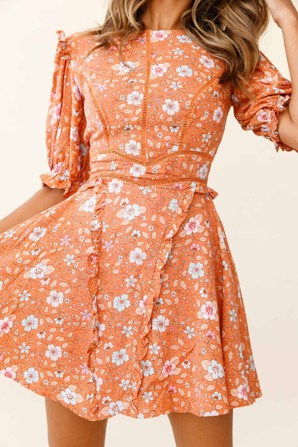 First Impressions Puff Sleeve Keyhole Back Dress Floral Print Orange/Pink by Selfie Leslie