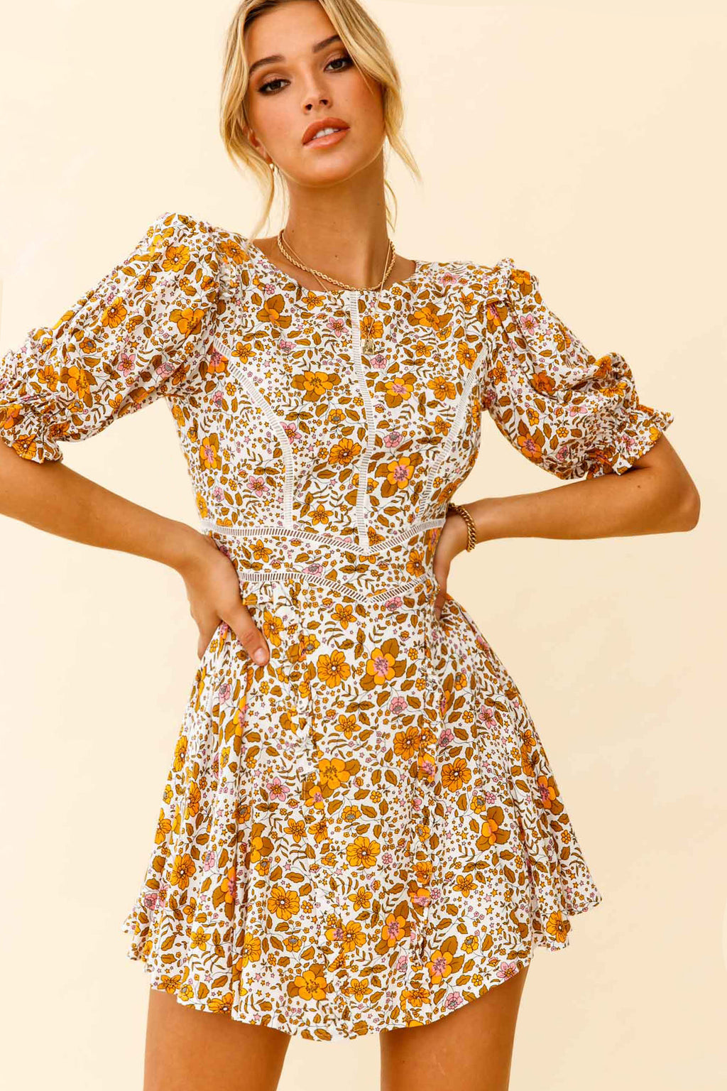 First Impressions Puff Sleeve Keyhole Back Dress Floral Print White/Yellow by Selfie Leslie