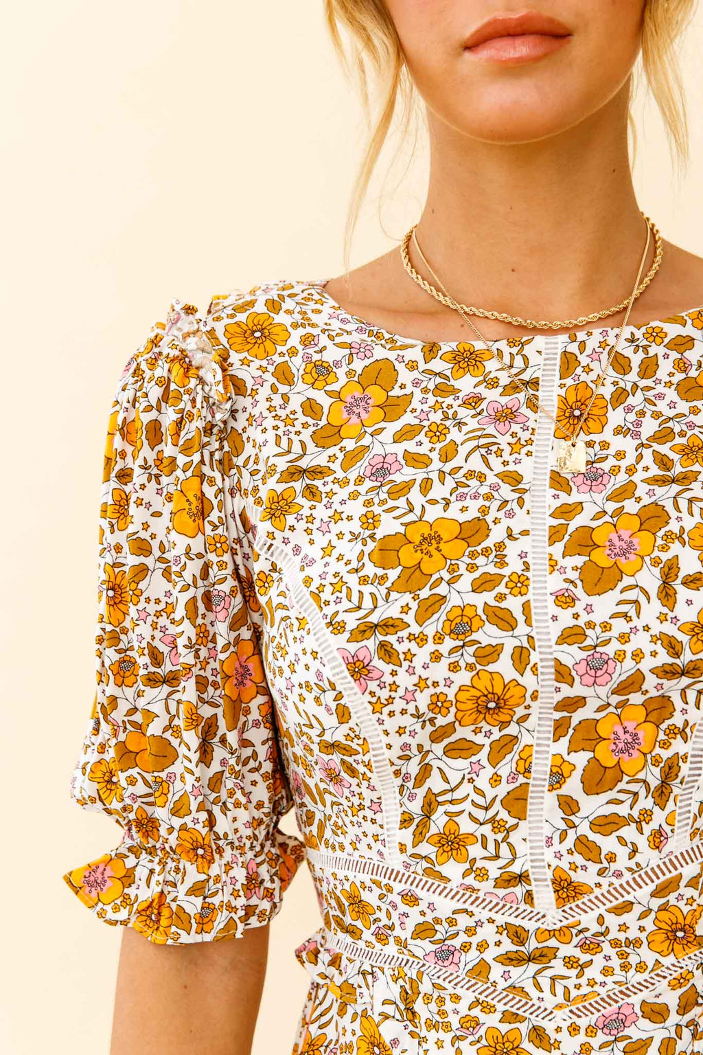 First Impressions Puff Sleeve Keyhole Back Dress Floral Print White/Yellow by Selfie Leslie