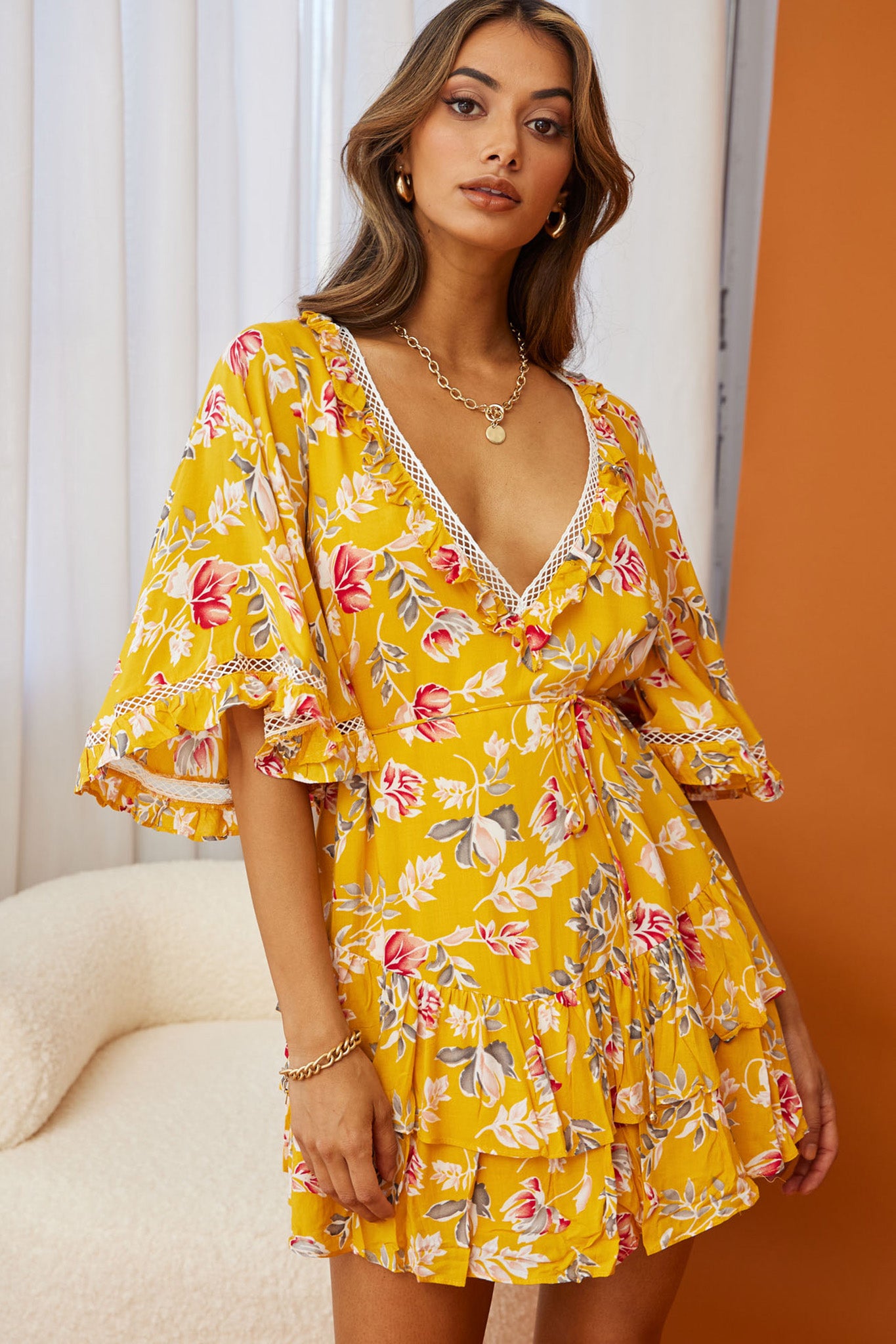 Lotus Crochet Trim Angel Sleeve Dress Floral Print Mustard by Selfie Leslie