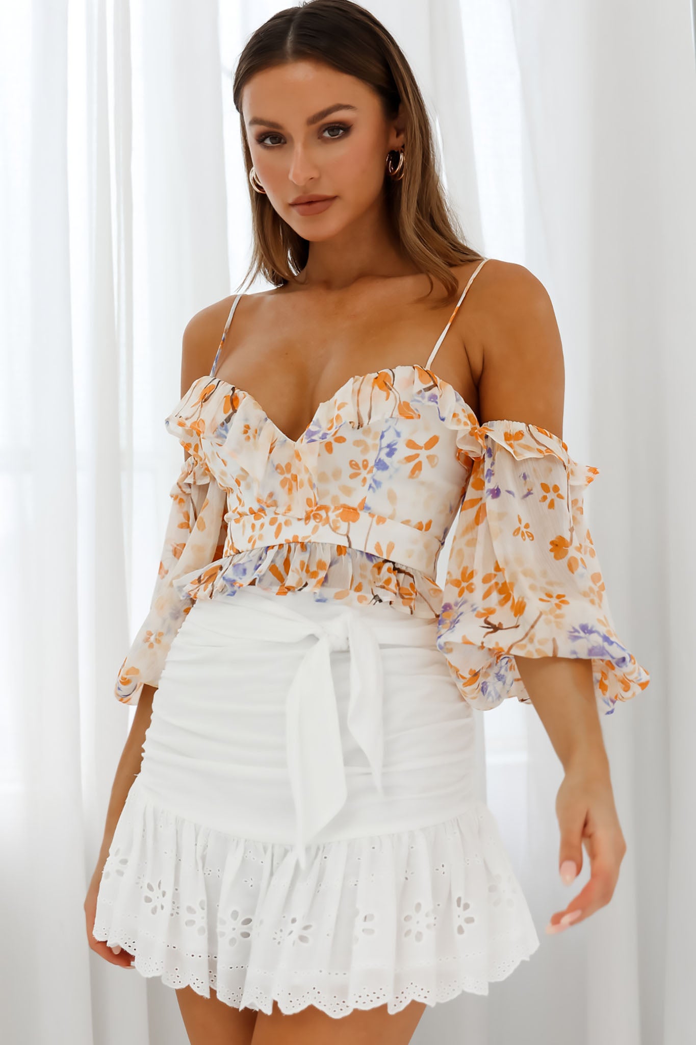 Fiorella Sweetheart Neckline Balloon Sleeve Crop Top Floral Print Orange by Selfie Leslie
