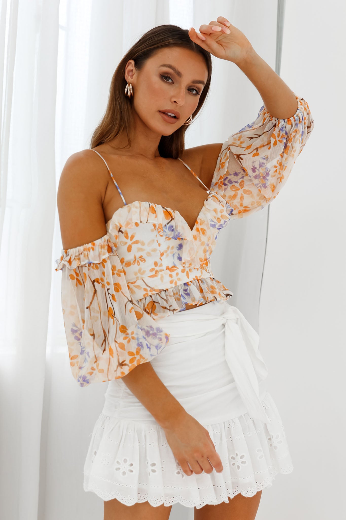 Fiorella Sweetheart Neckline Balloon Sleeve Crop Top Floral Print Orange by Selfie Leslie
