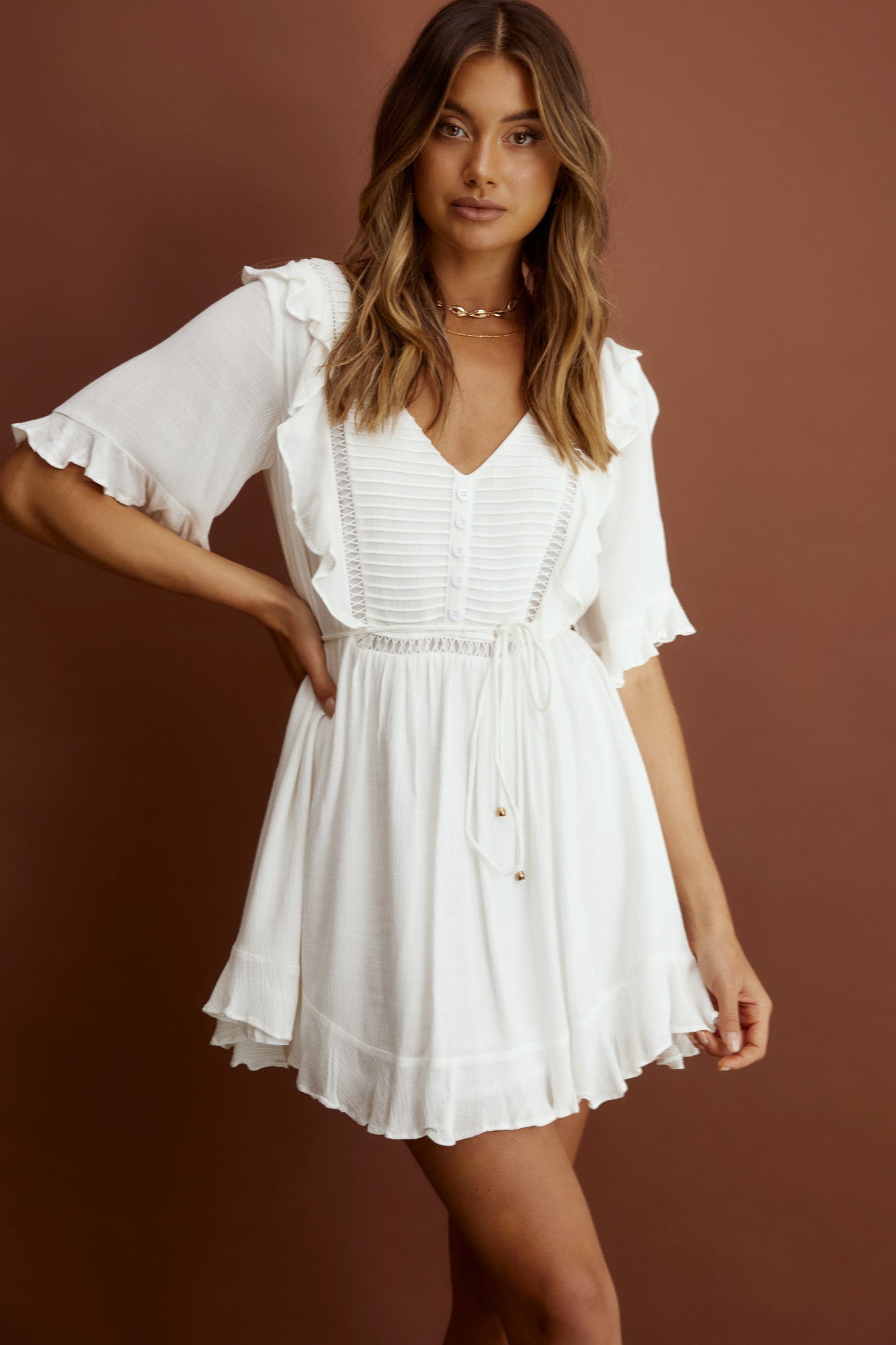 Promenade Faux Placket Pintuck Dress White by Selfie Leslie