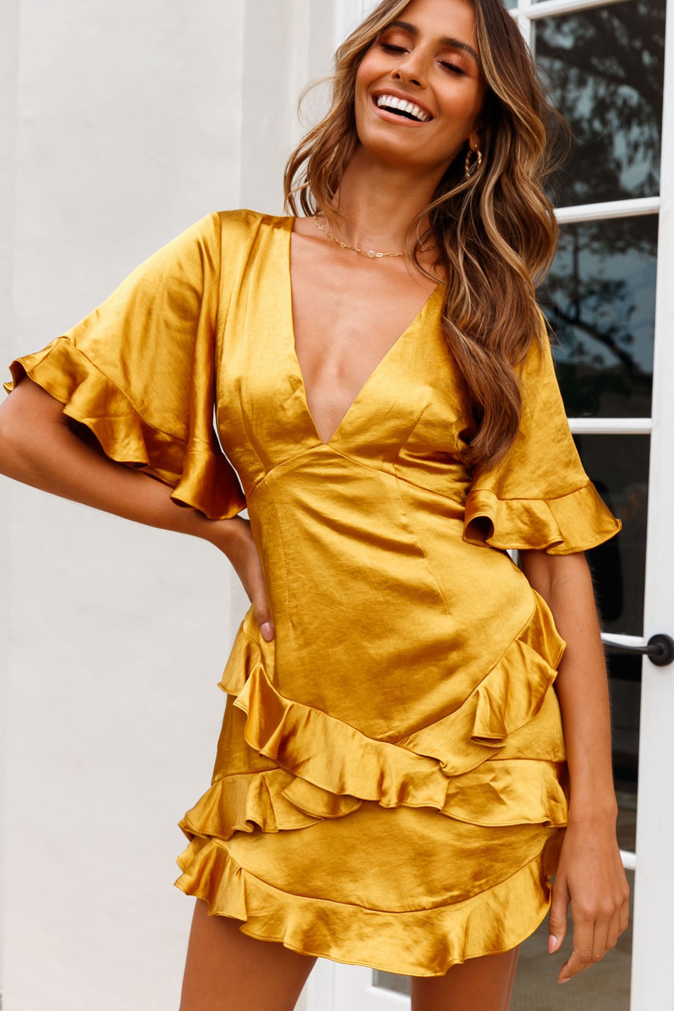 Miss Coco Angel Sleeve Ruffle Trim Dress Mustard by Selfie Leslie