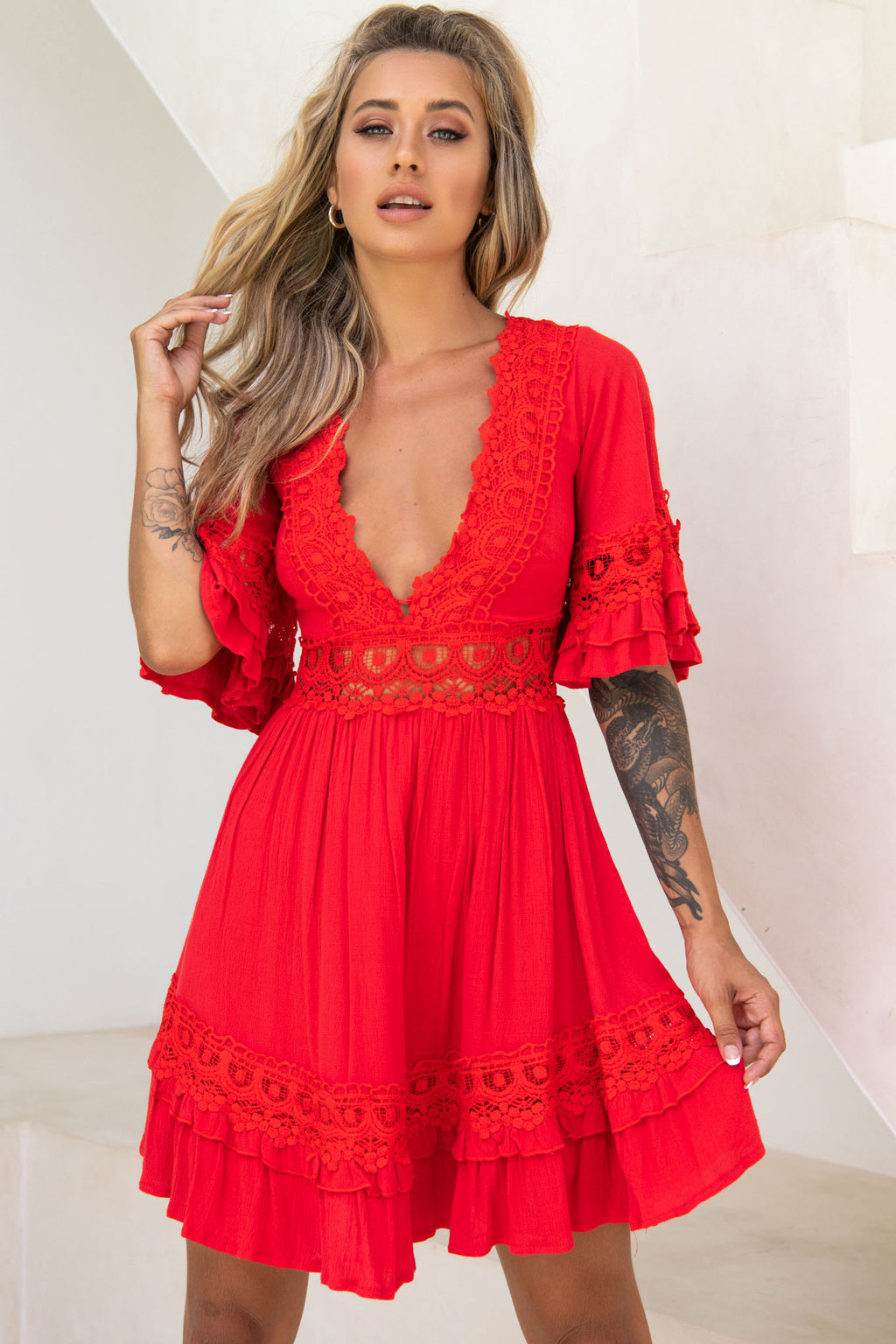 Kauai V-Neckline Crochet Lace Trim Dress Red by Selfie Leslie