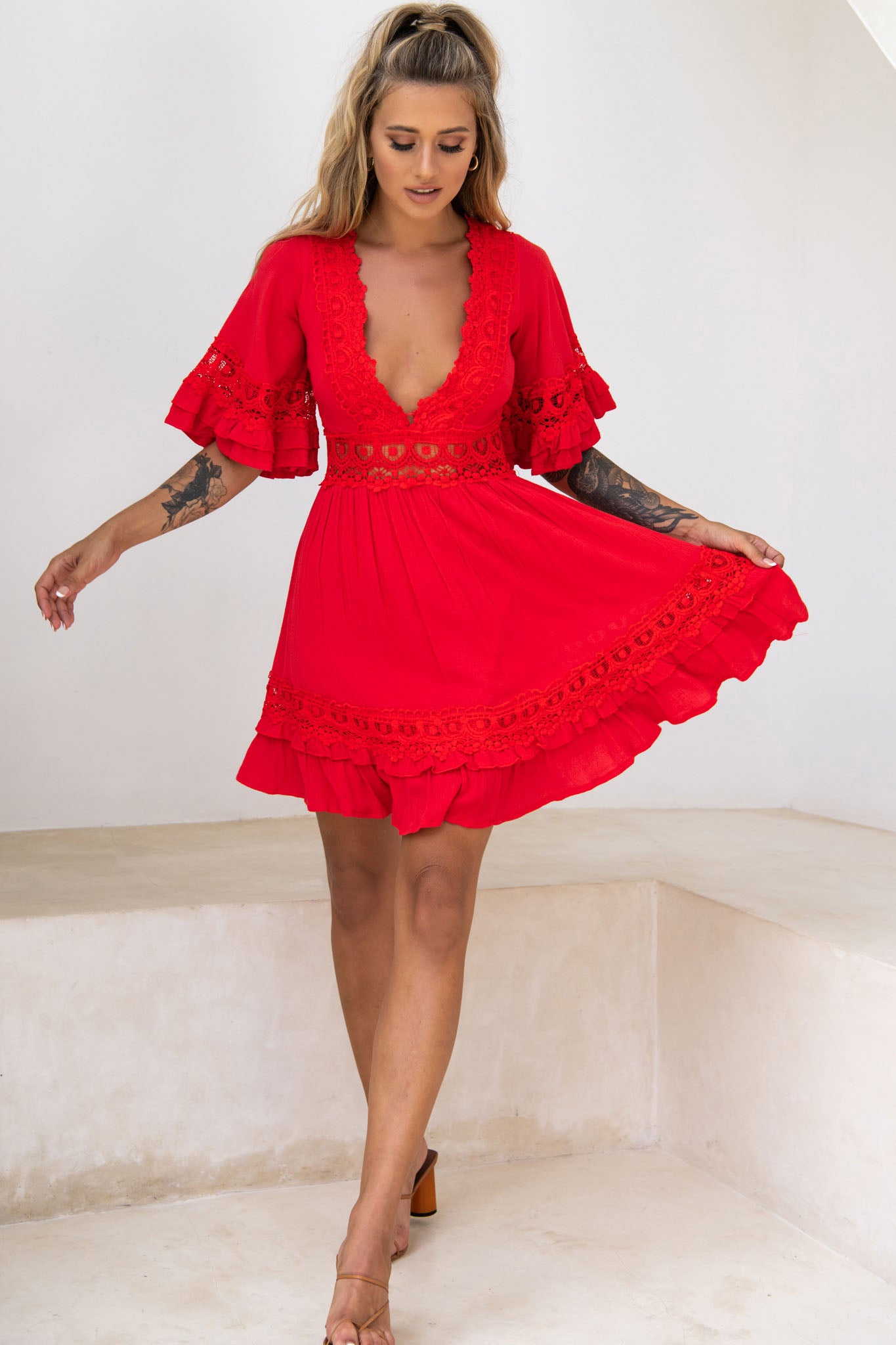 Kauai V-Neckline Crochet Lace Trim Dress Red by Selfie Leslie