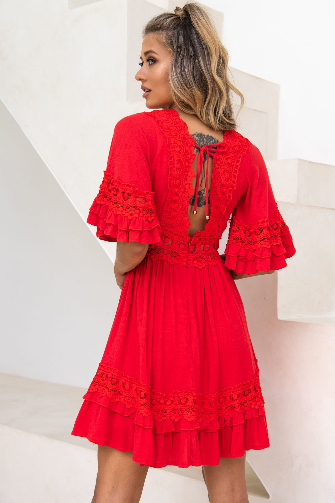 Kauai V-Neckline Crochet Lace Trim Dress Red by Selfie Leslie