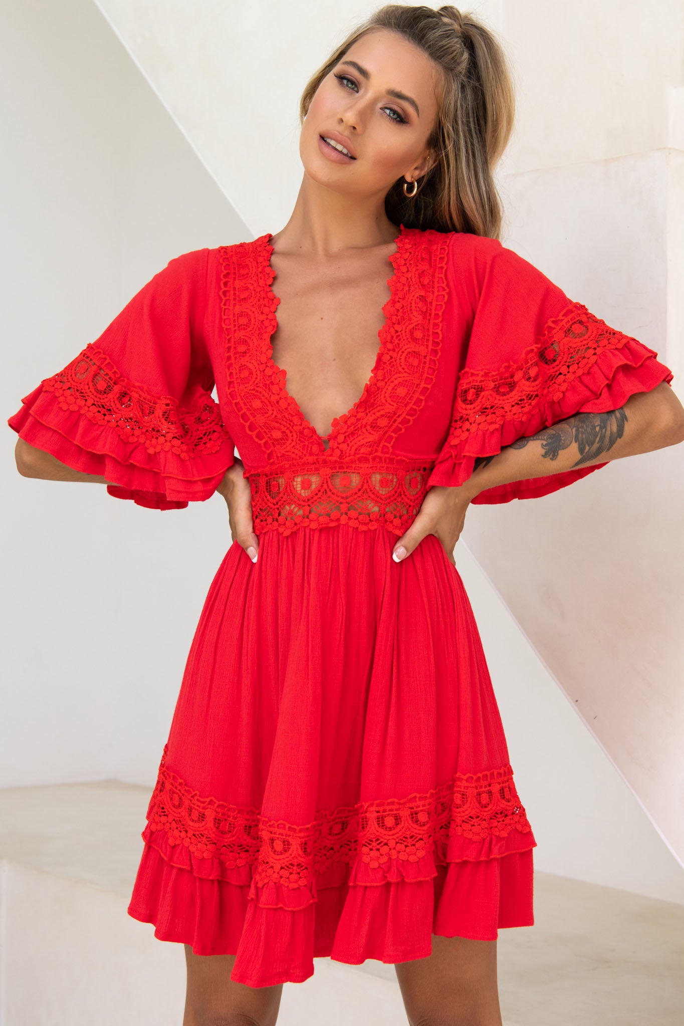 Kauai V-Neckline Crochet Lace Trim Dress Red by Selfie Leslie