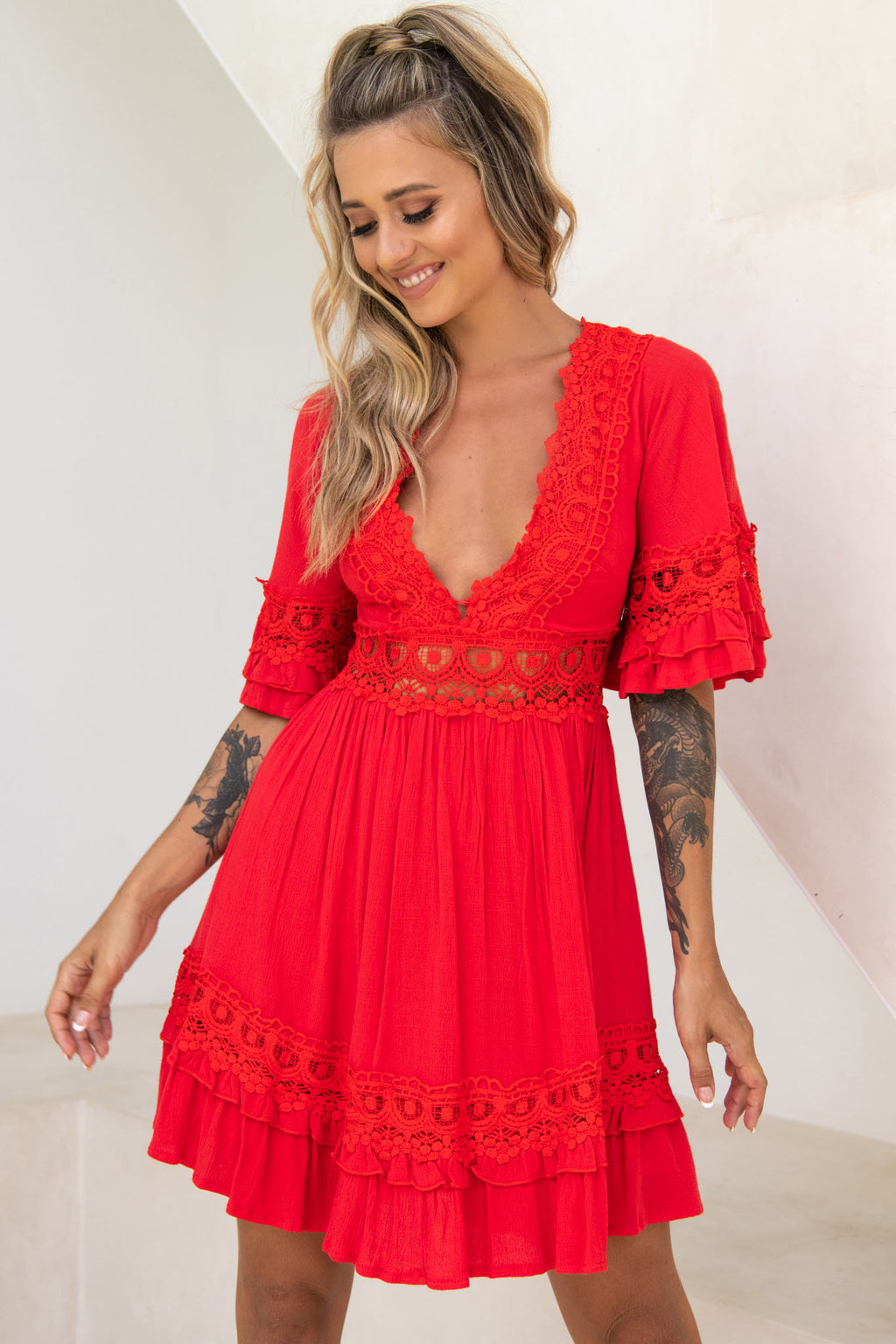 Kauai V-Neckline Crochet Lace Trim Dress Red by Selfie Leslie