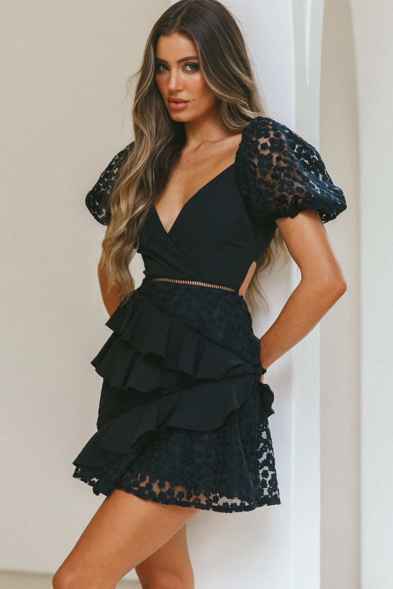 Taurus Floral Embroidery Puff Sleeve Dress Black by Selfie Leslie