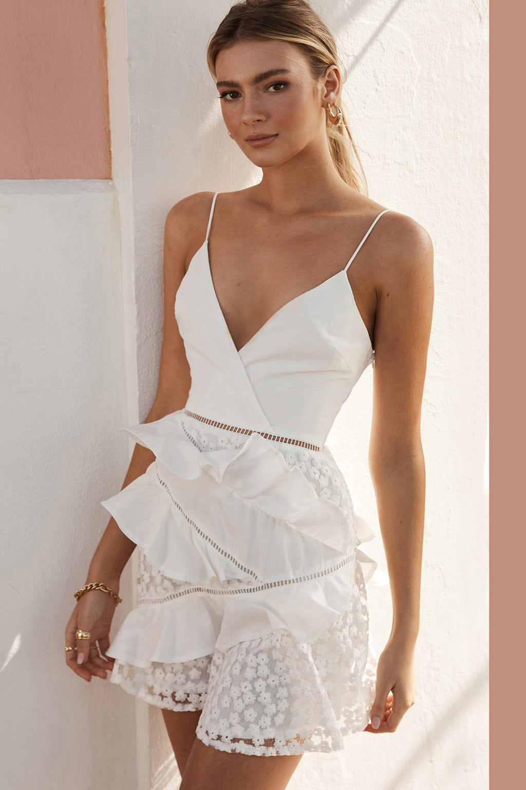 Taurus Floral Embroidery and Ruffle Trim Dress White by Selfie Leslie
