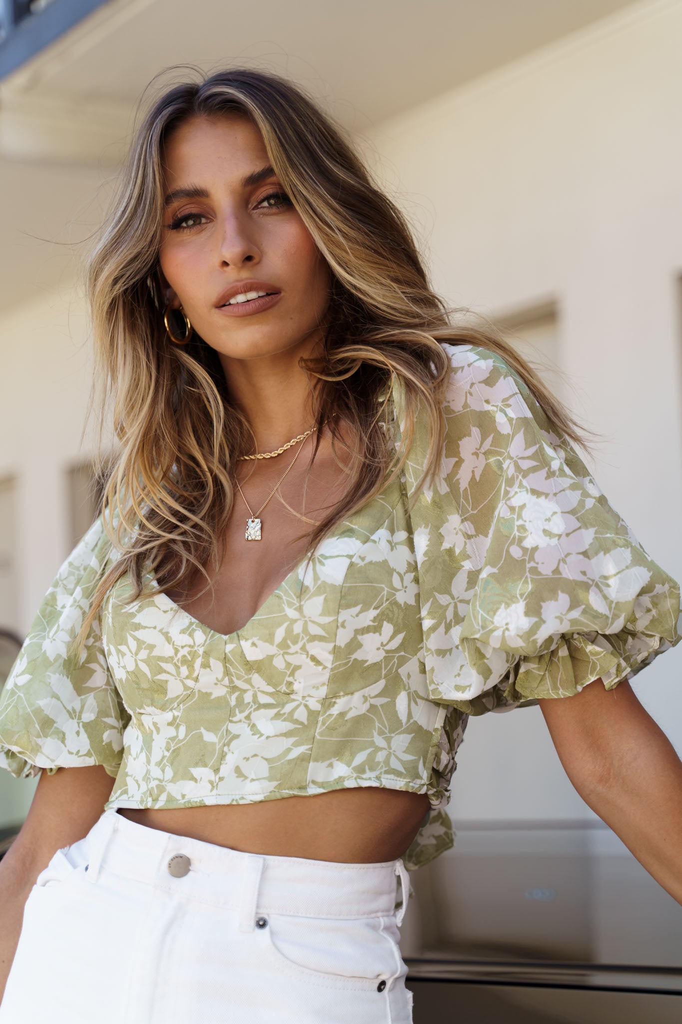 Rosetta Puff Sleeve Keyhole Back Crop Top Floral Print Olive by Selfie Leslie