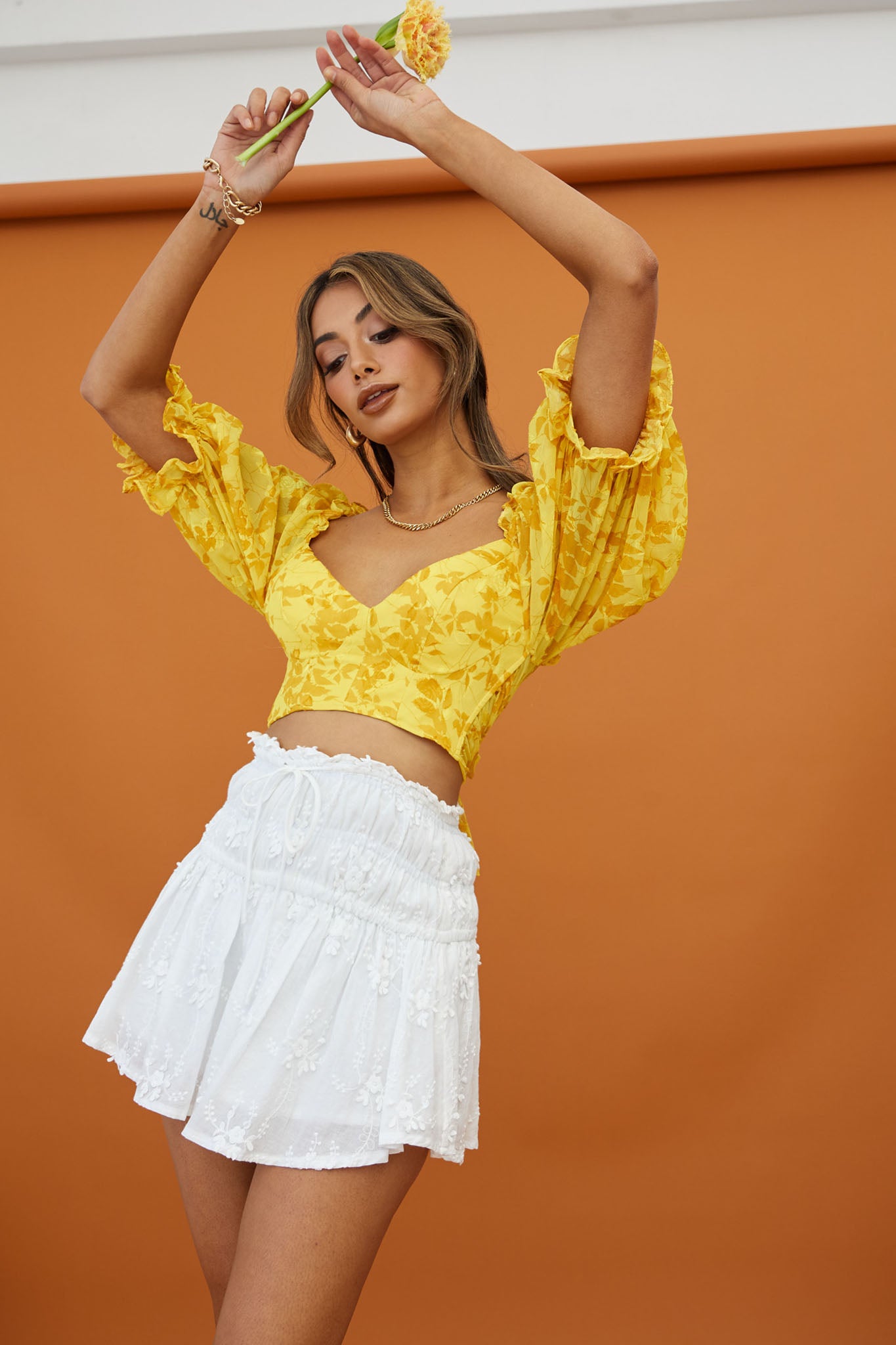 Rosetta Puff Sleeve Keyhole Back Crop Top Floral Print Yellow by Selfie Leslie