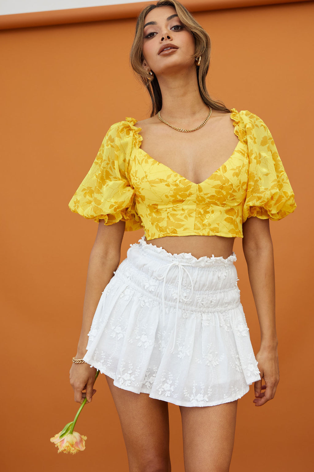 Rosetta Puff Sleeve Keyhole Back Crop Top Floral Print Yellow by Selfie Leslie