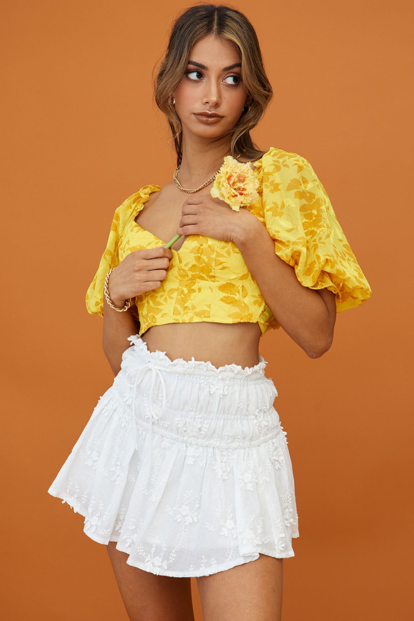 Rosetta Puff Sleeve Keyhole Back Crop Top Floral Print Yellow by Selfie Leslie