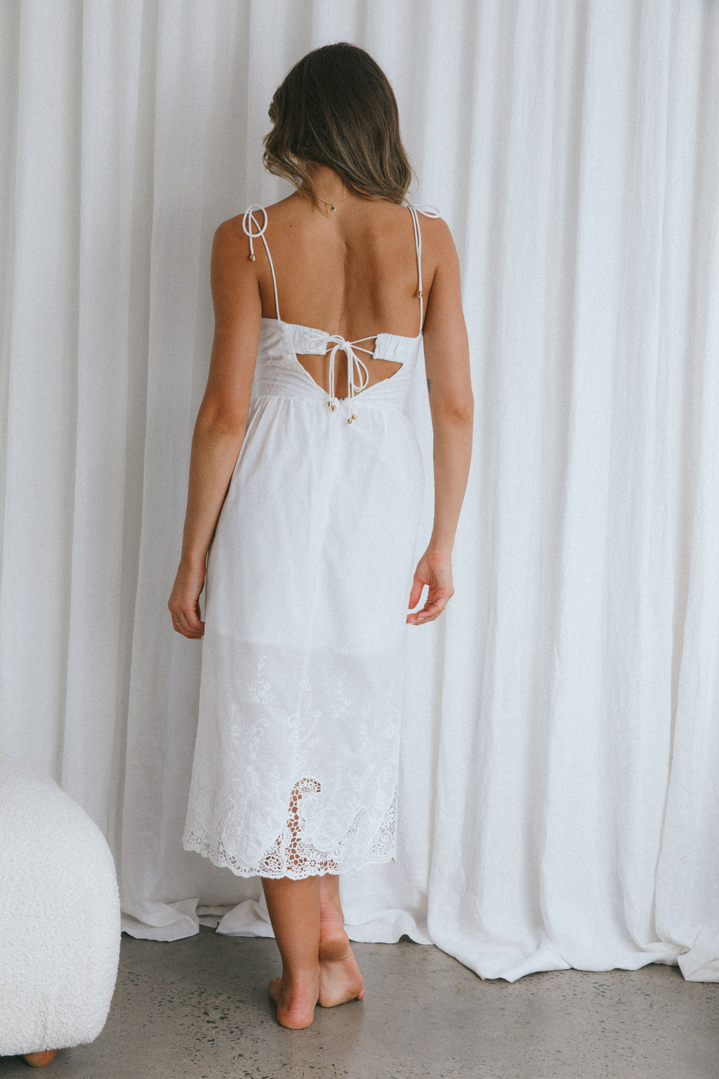 Lovers Lane Lace Trim Tied Strap Midi Dress White by Selfie Leslie