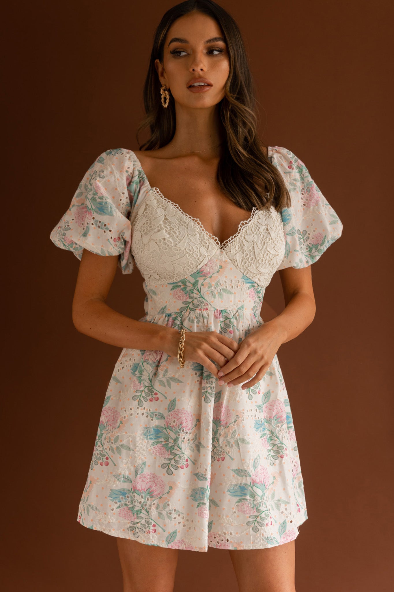Lovers Lane Lace Trim Puff Sleeve Dress Floral Apricot by Selfie Leslie