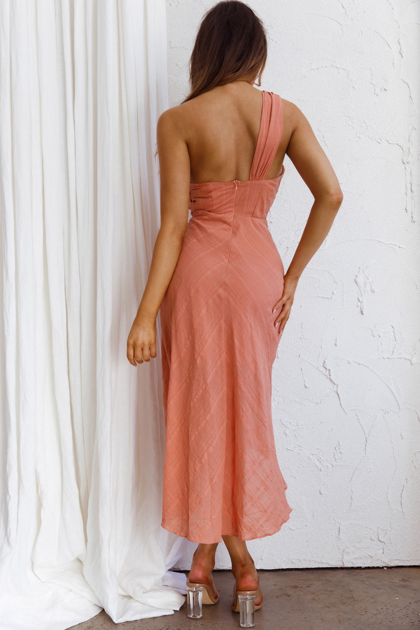 Island Time One-Shoulder Midi Dress Peach by Selfie Leslie