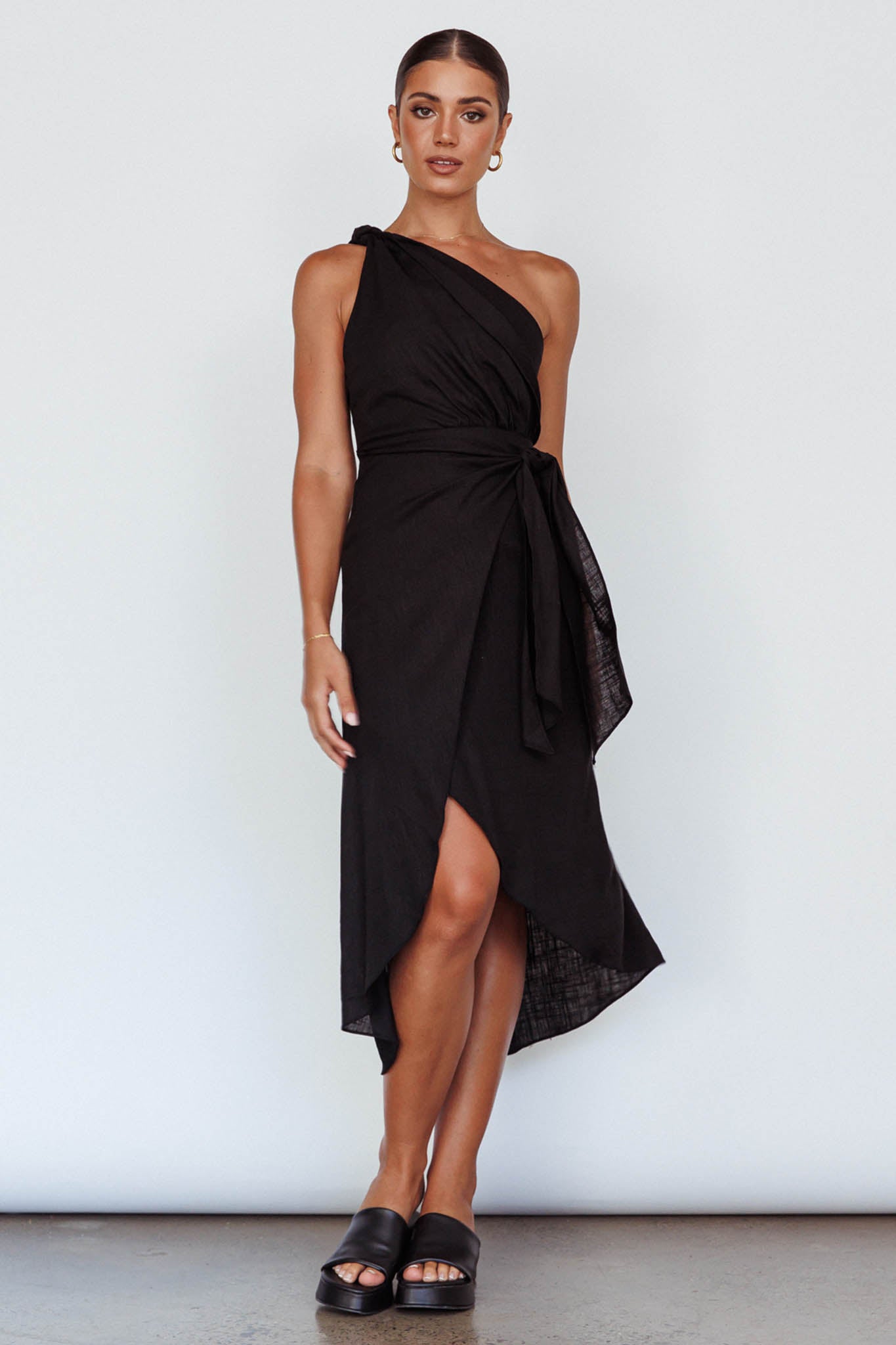 Island Time One-Shoulder Midi Dress Black by Selfie Leslie