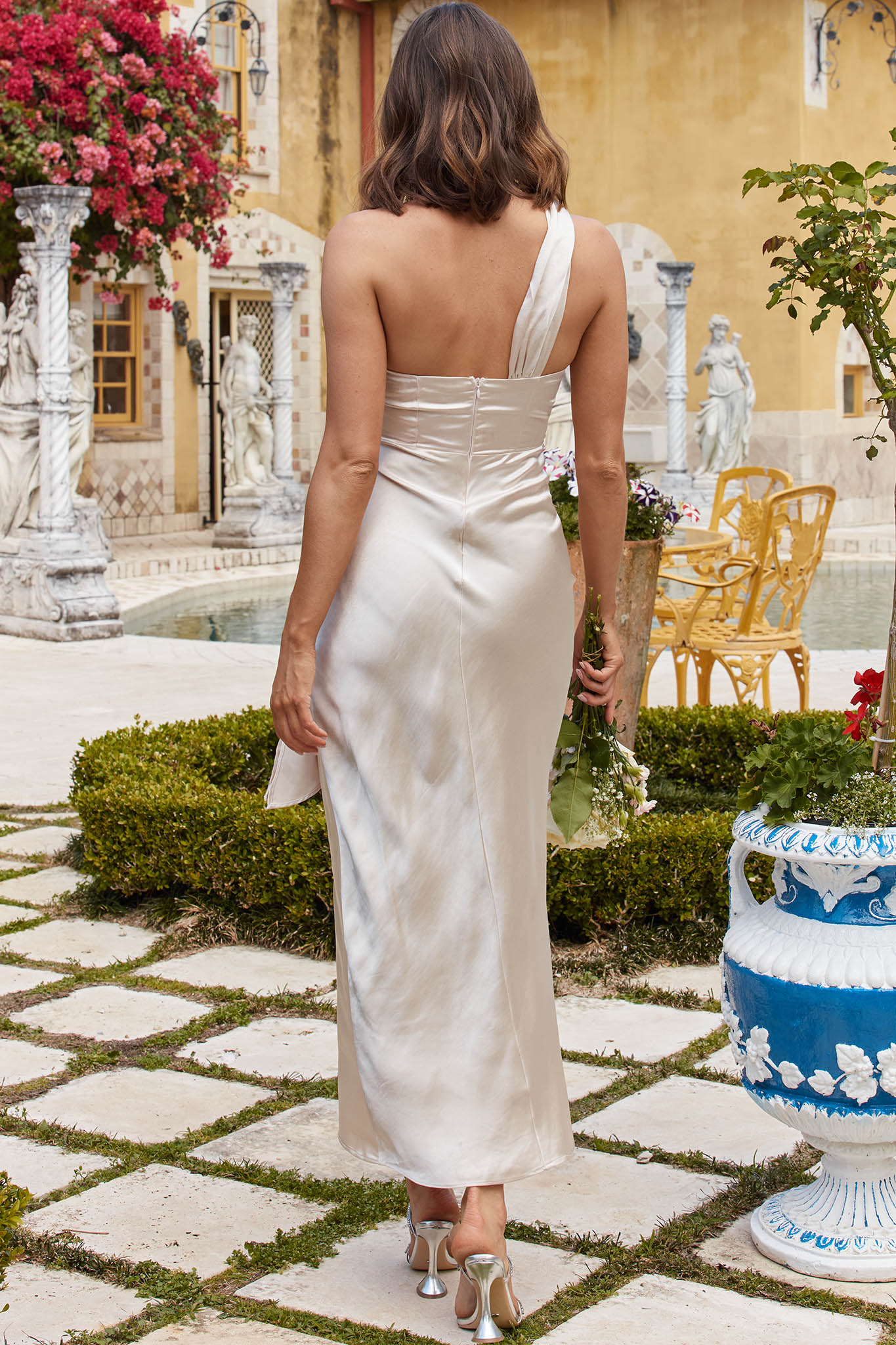 Island Time One-Shoulder Midi Dress Satin Champagne by Selfie Leslie