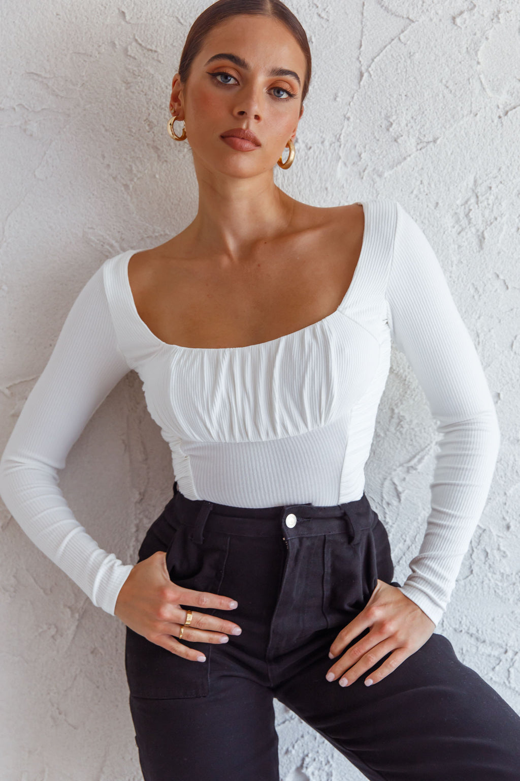 Bobbi Long Sleeve Ruched Side Ribbed Bodysuit White by Selfie Leslie