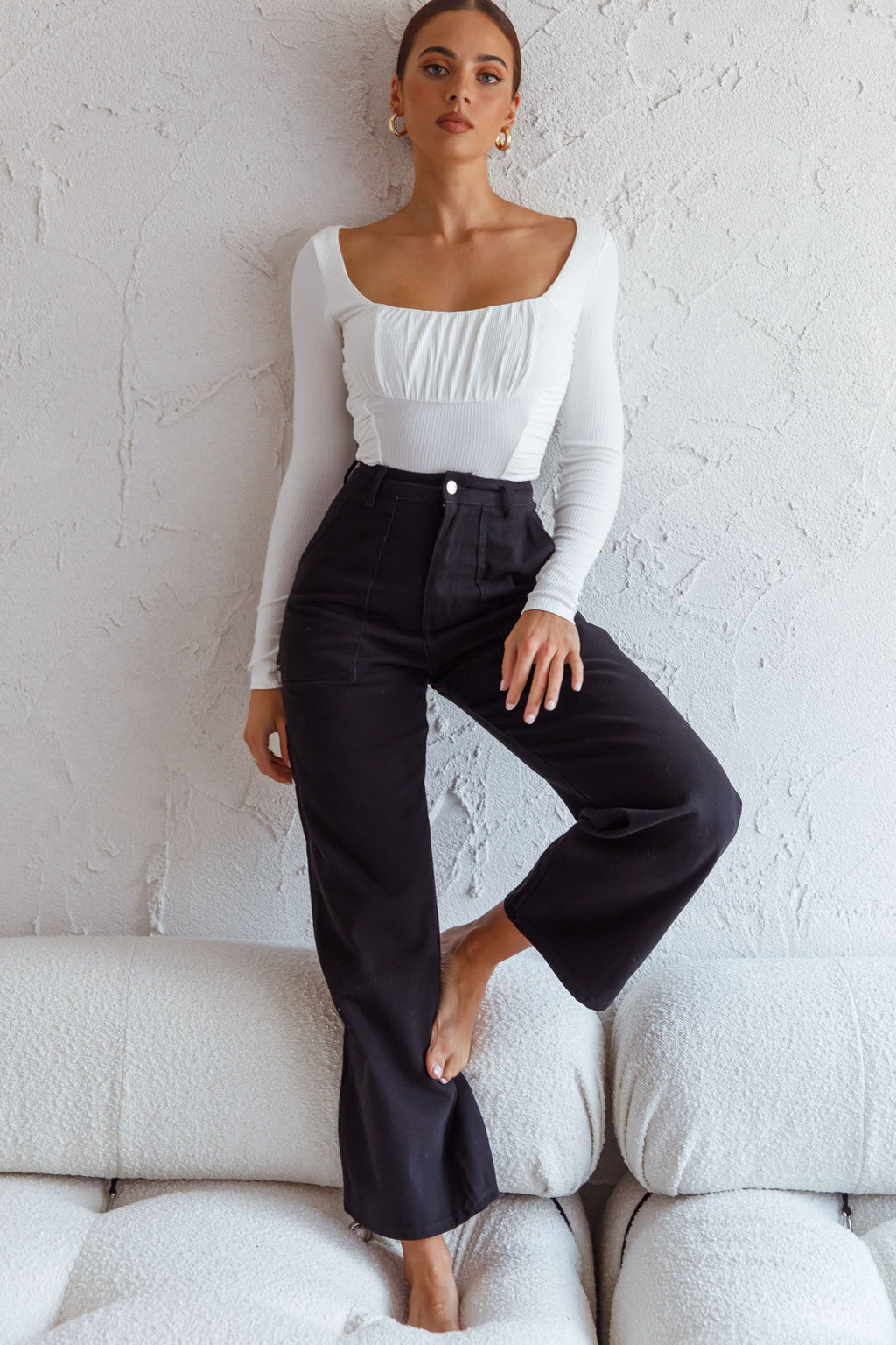 Bobbi Long Sleeve Ruched Side Ribbed Bodysuit White by Selfie Leslie