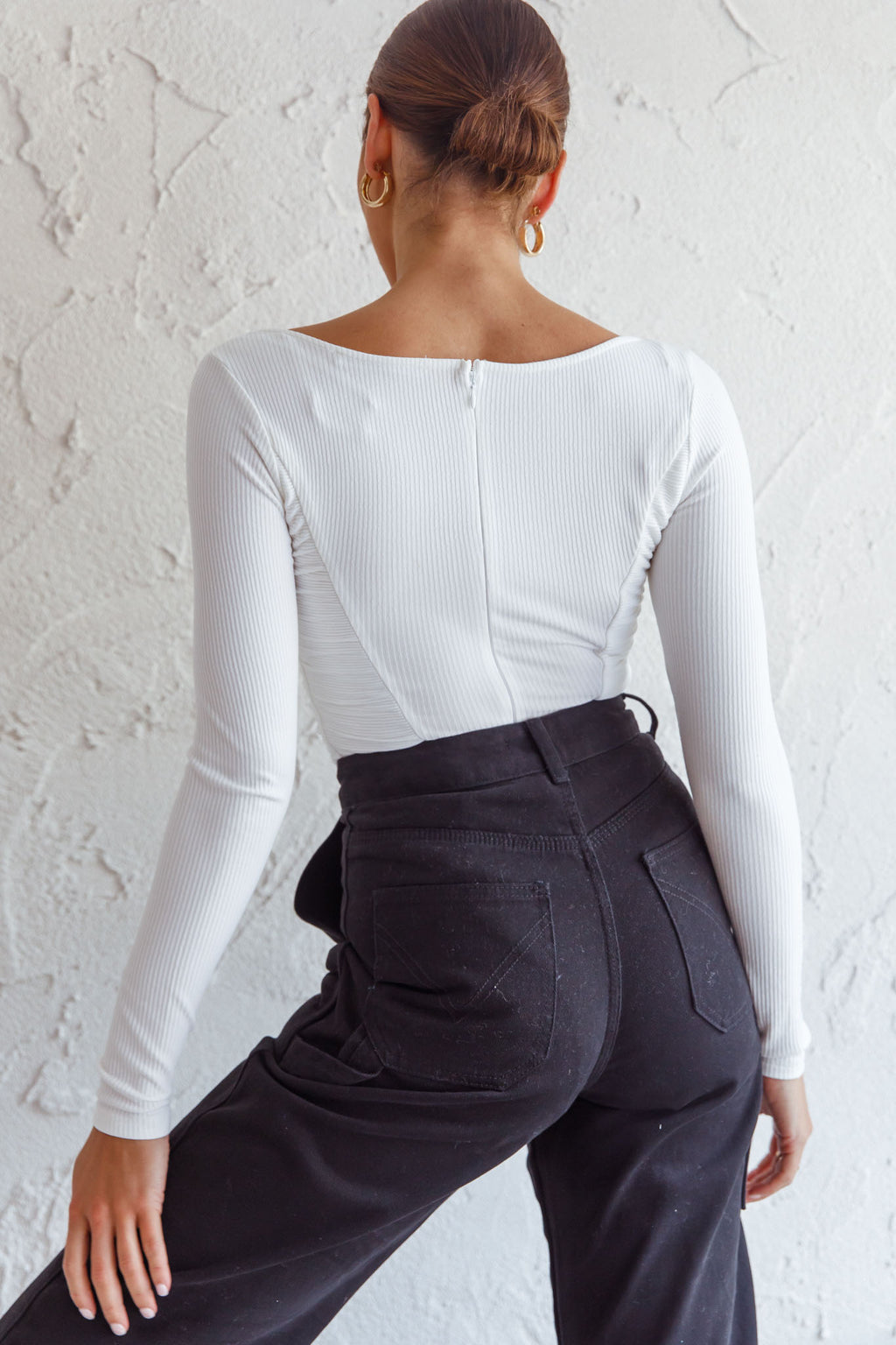 Bobbi Long Sleeve Ruched Side Ribbed Bodysuit White by Selfie Leslie