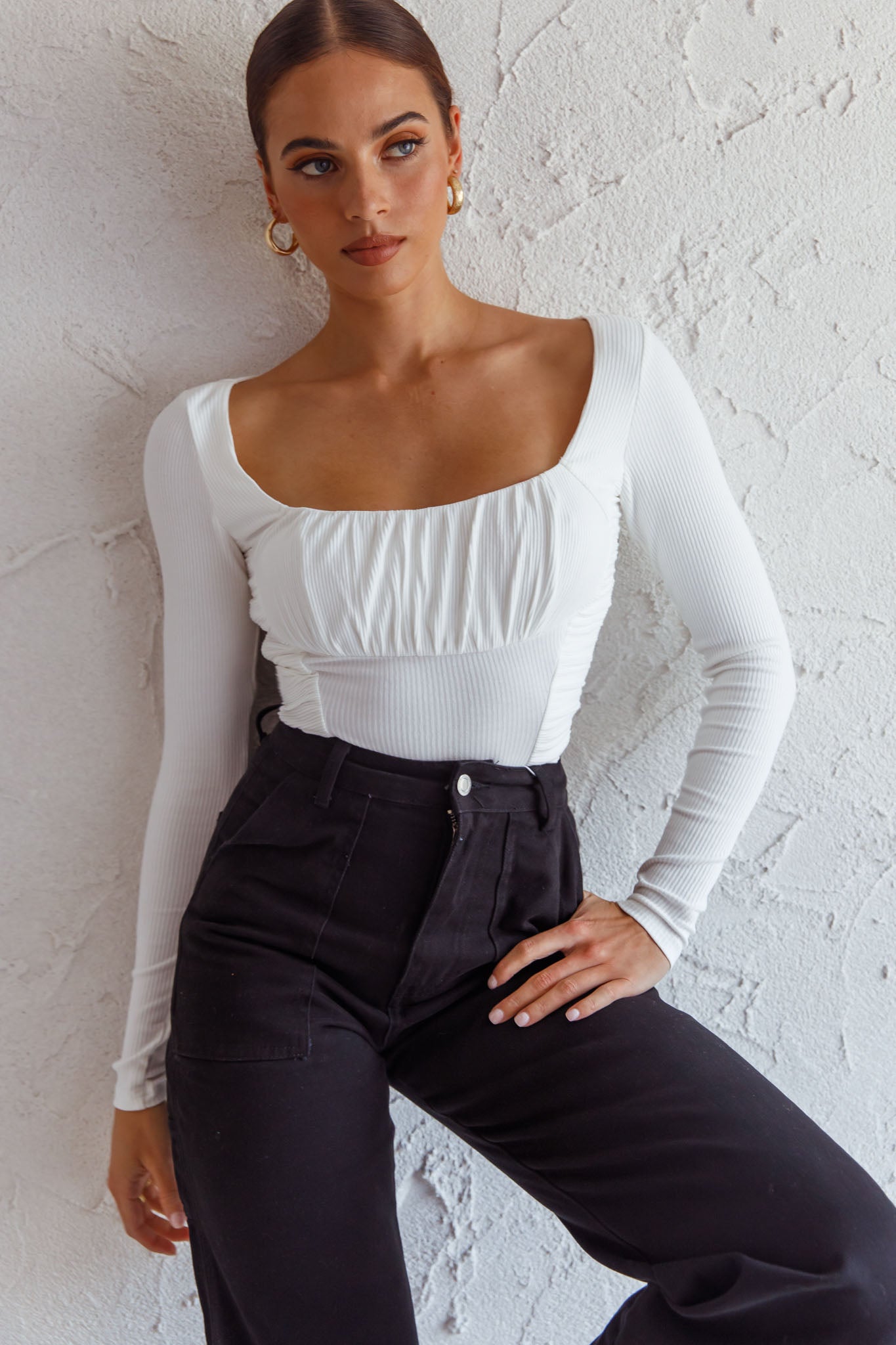 Bobbi Long Sleeve Ruched Side Ribbed Bodysuit White by Selfie Leslie