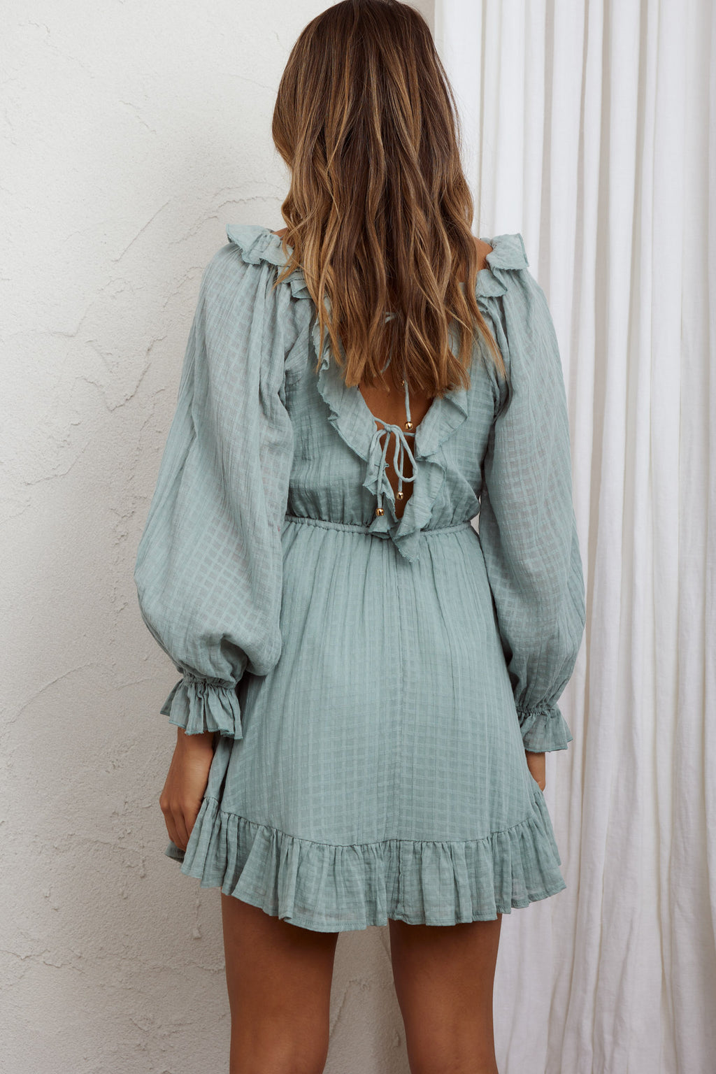 Hooked On A Feeling Long Sleeve String Tie Back Mini Dress Sage by Selfie Leslie