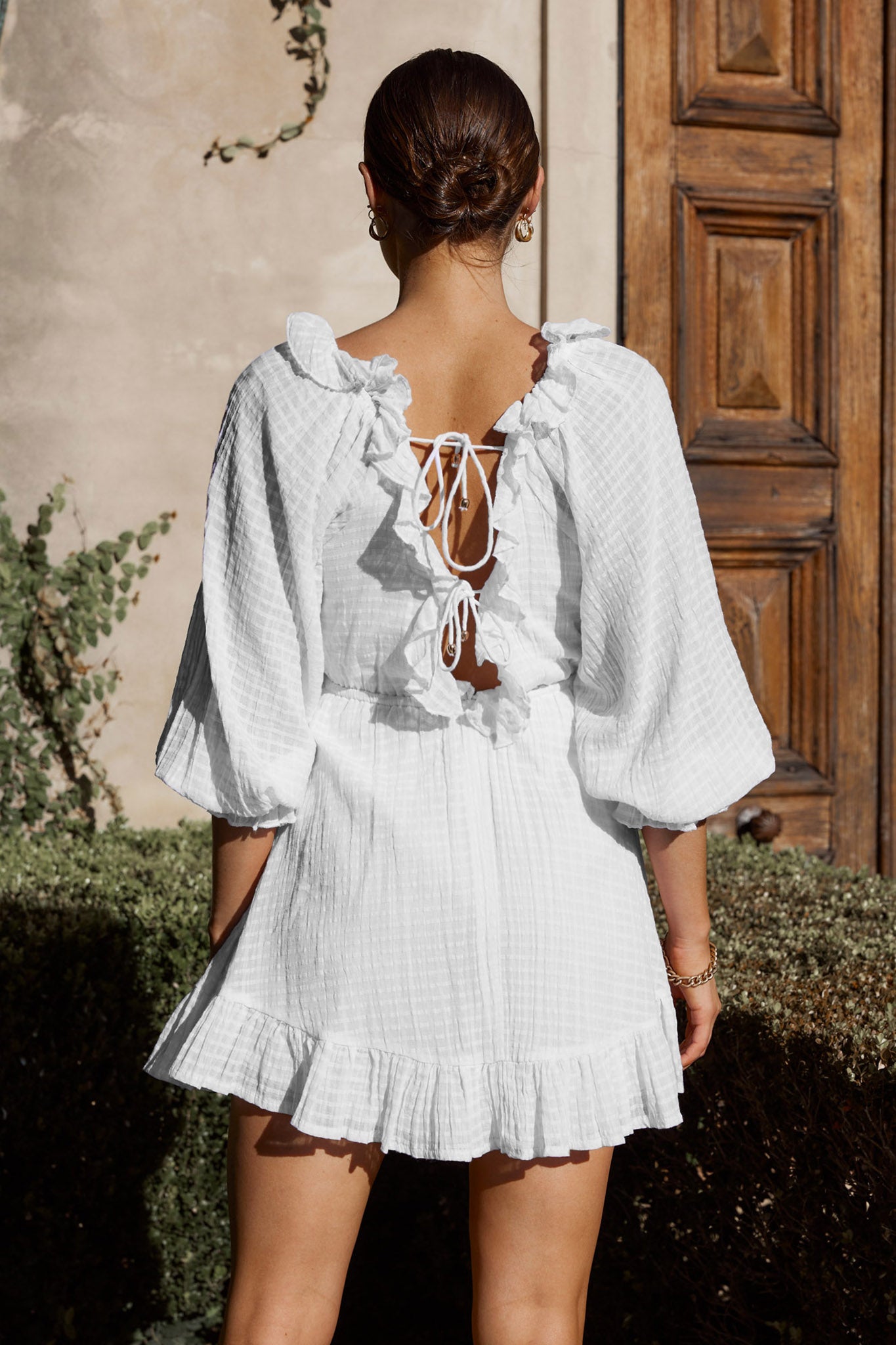 Hooked On A Feeling Long Sleeve String Tie Back Mini Dress White by Selfie Leslie