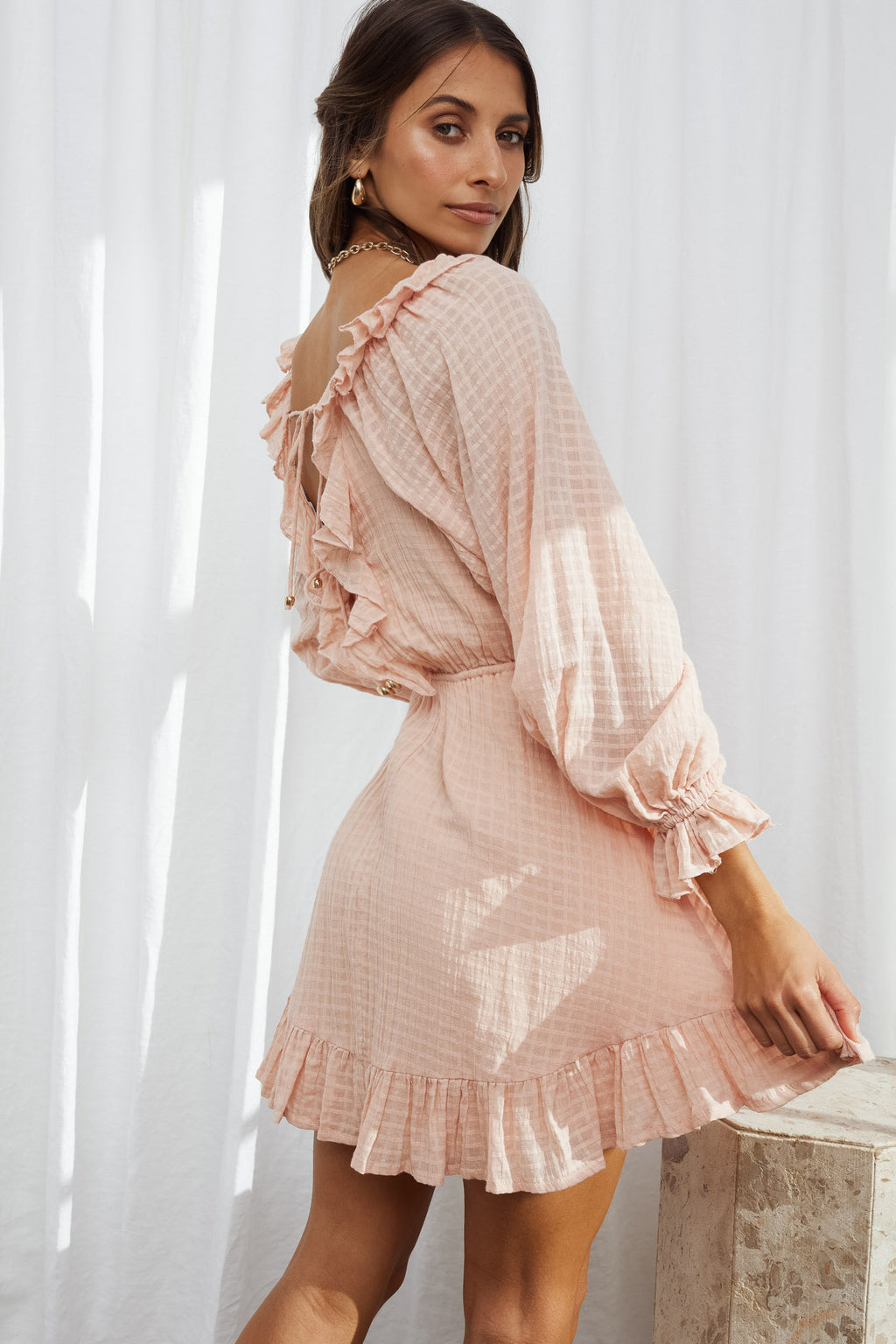 Hooked On A Feeling Long Sleeve String Tie Back Mini Dress Peach by Selfie Leslie