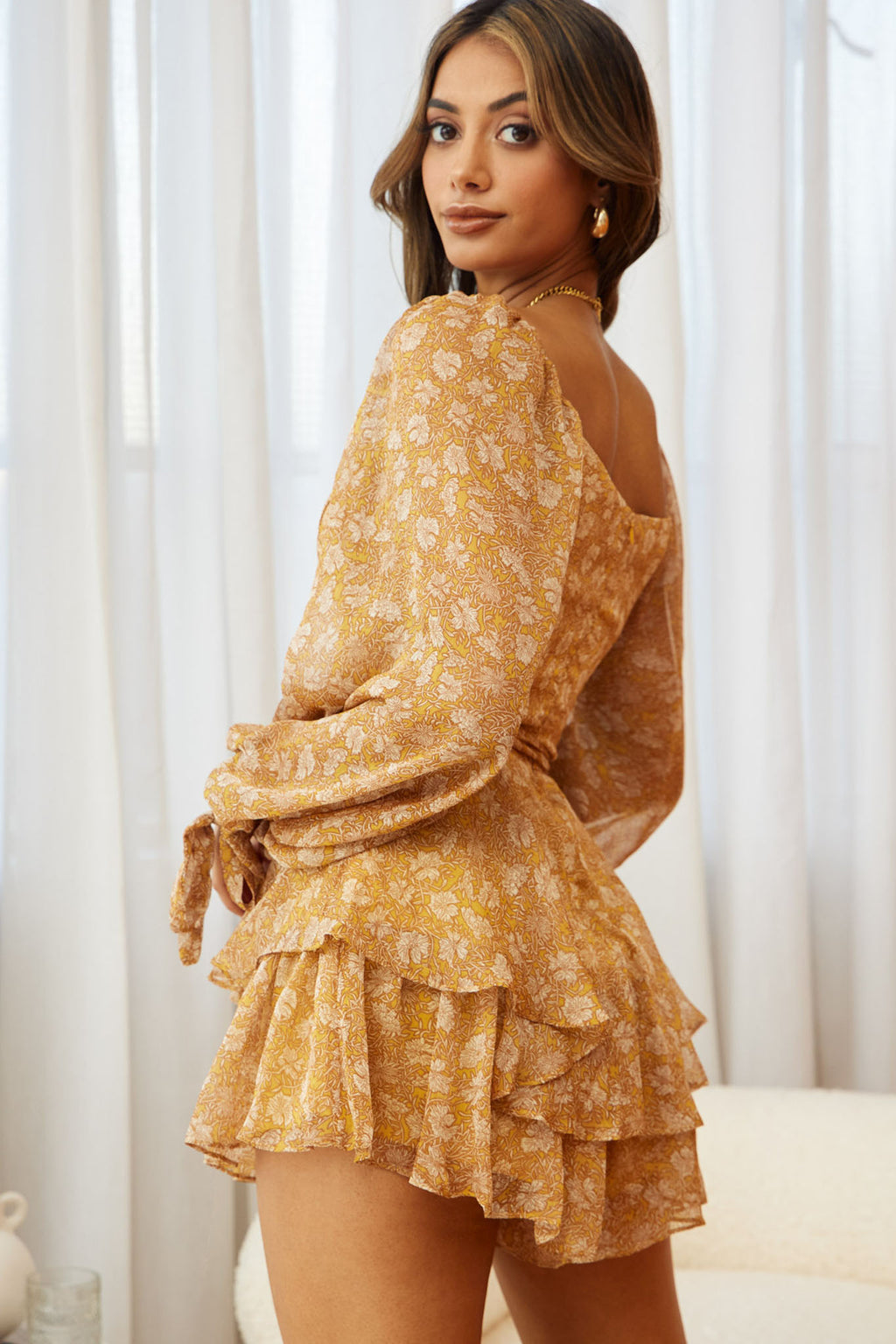 True Love Long Balloon Sleeve Layered Flounce Romper Floral Print Mustard by Selfie Leslie