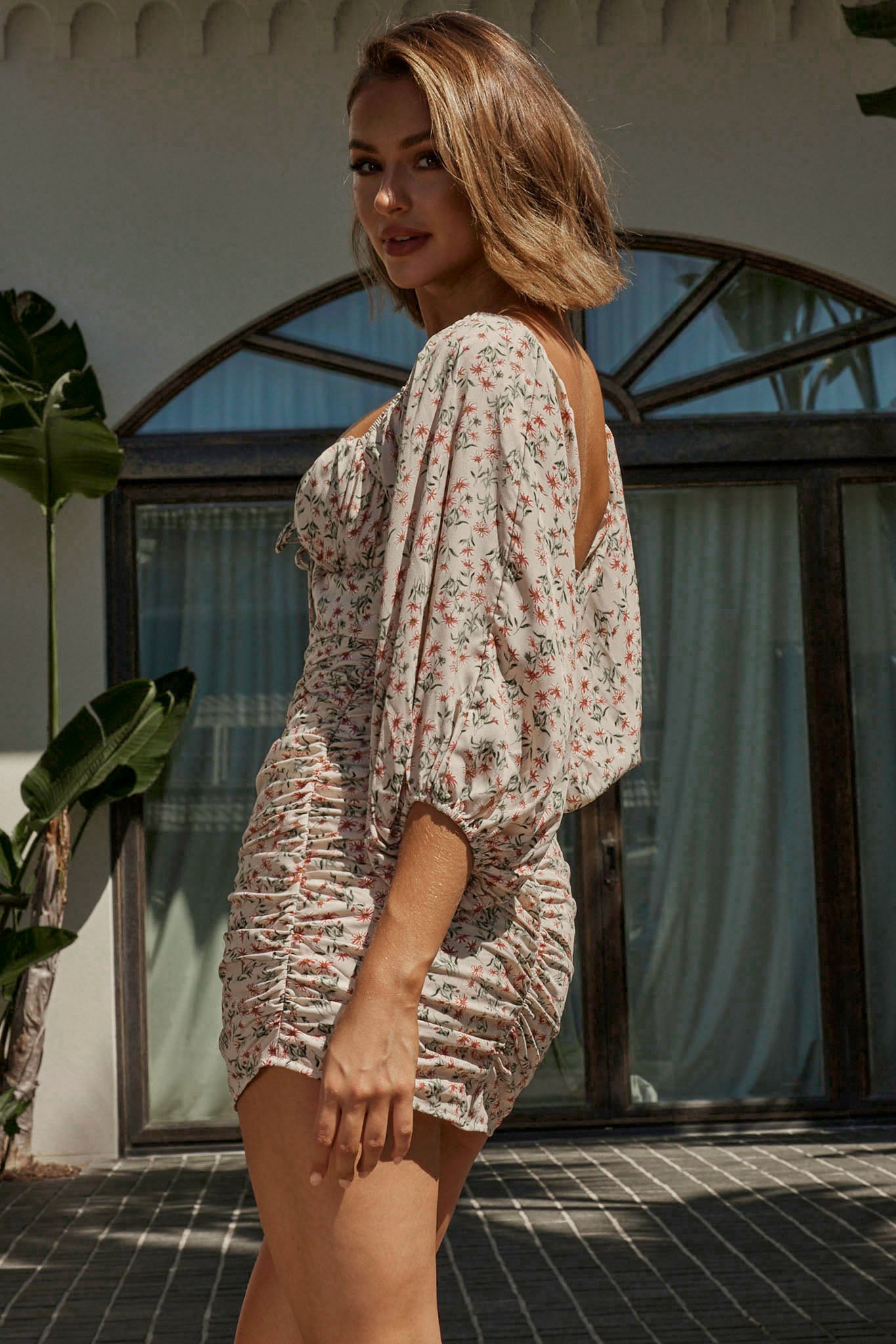 Sunny Day Balloon Sleeve Ruched Mini Dress Floral Print Beige by Selfie Leslie