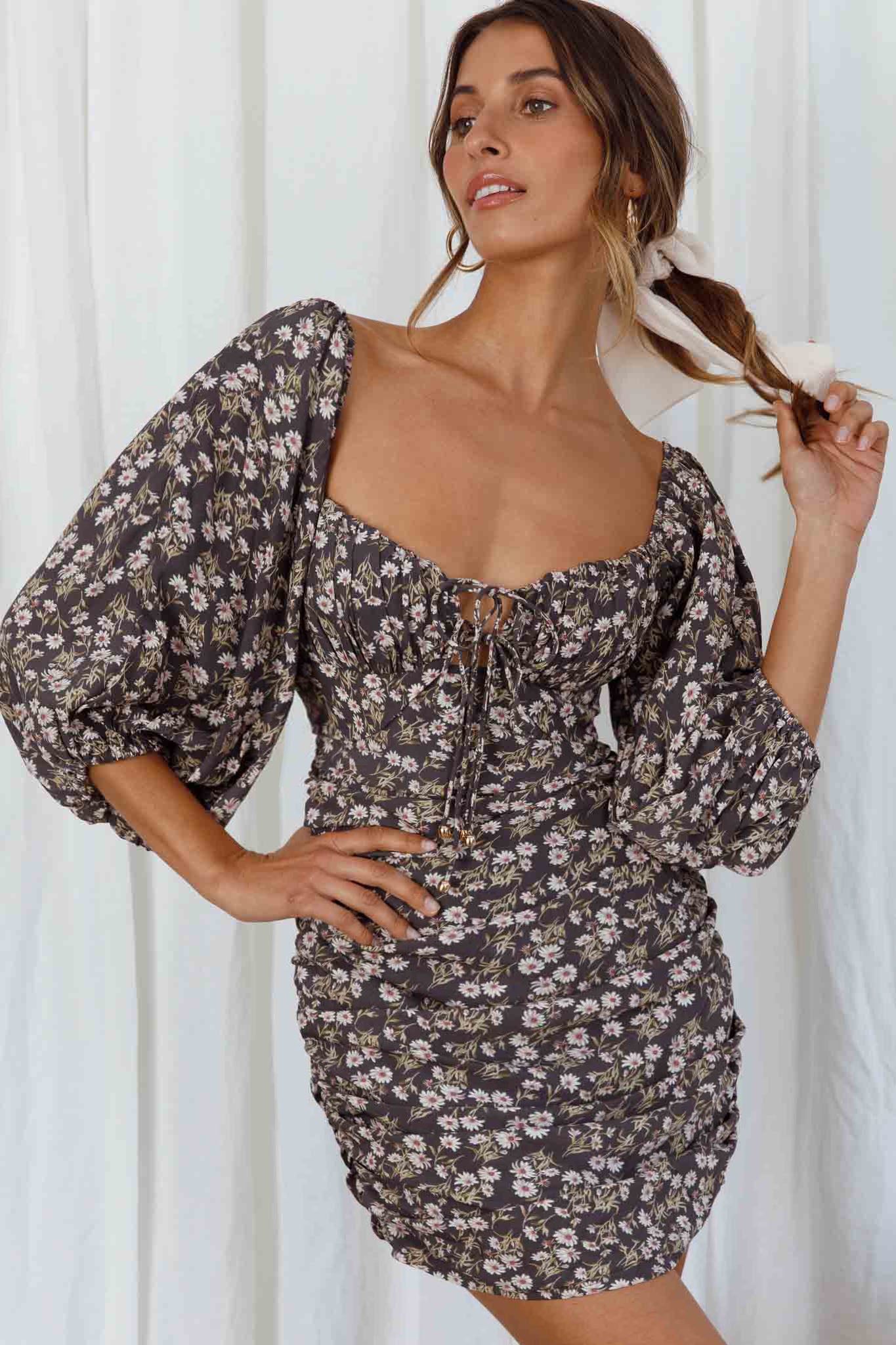 Sunny Day Balloon Sleeve Ruched Mini Dress Floral Print Grey by Selfie Leslie