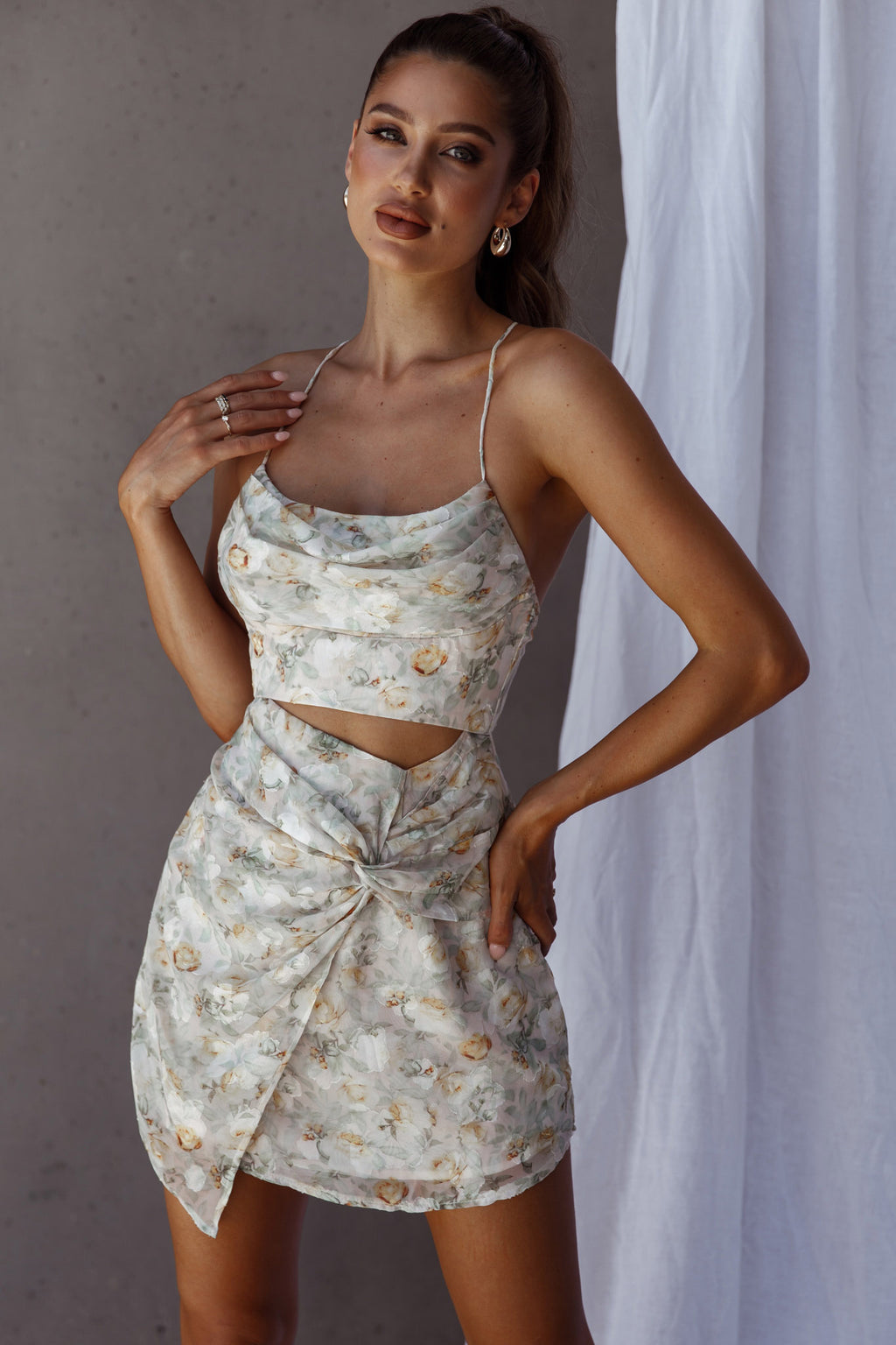 Miami Nights Cowl Neckline Twist Feature Mini Dress Floral Green by Selfie Leslie