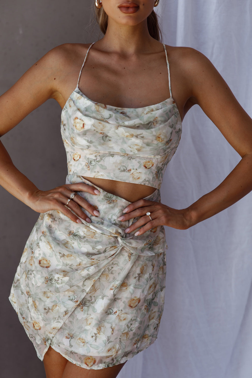 Miami Nights Cowl Neckline Twist Feature Mini Dress Floral Green by Selfie Leslie