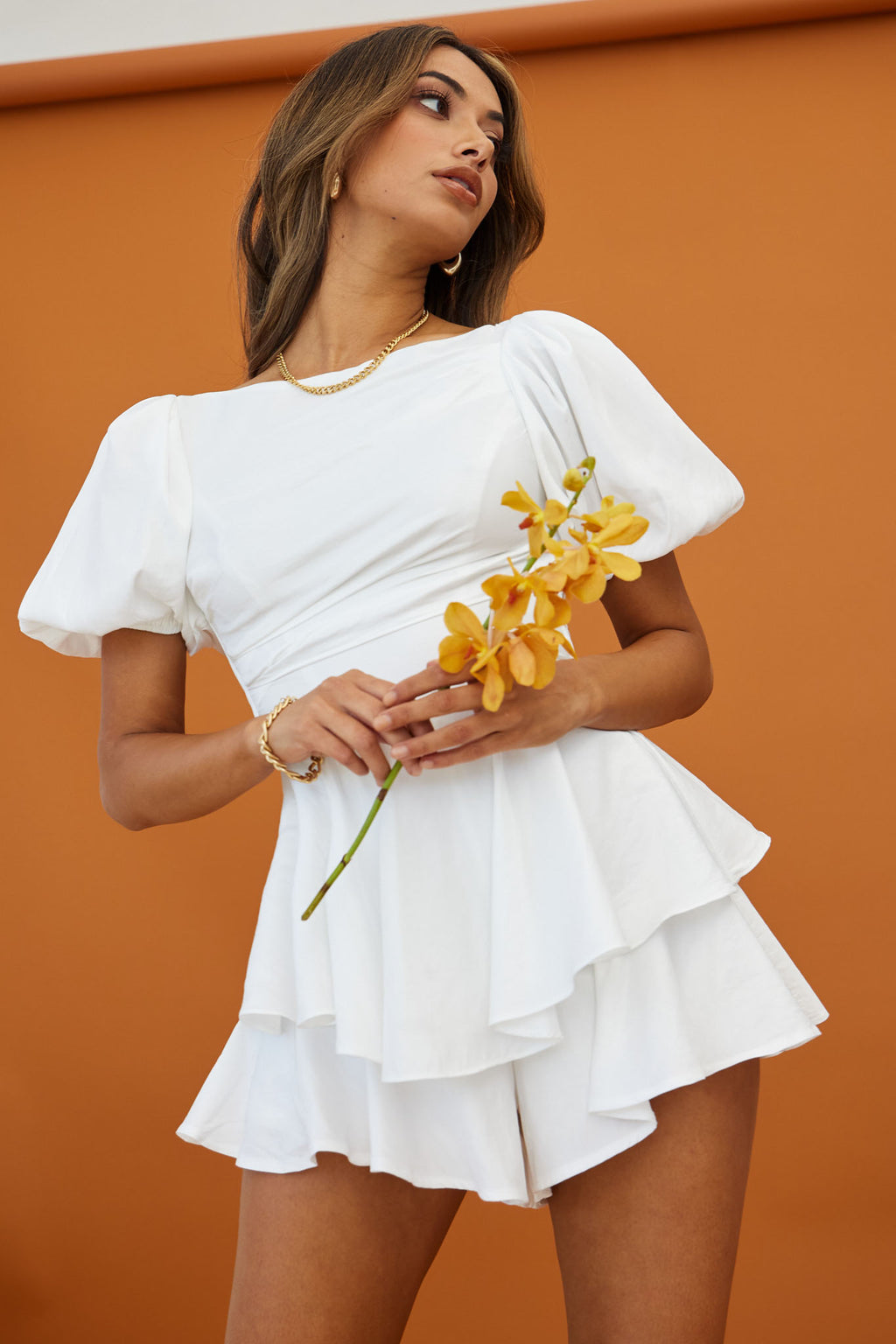 Rhode Puff Sleeve Strappy Back Romper White by Selfie Leslie