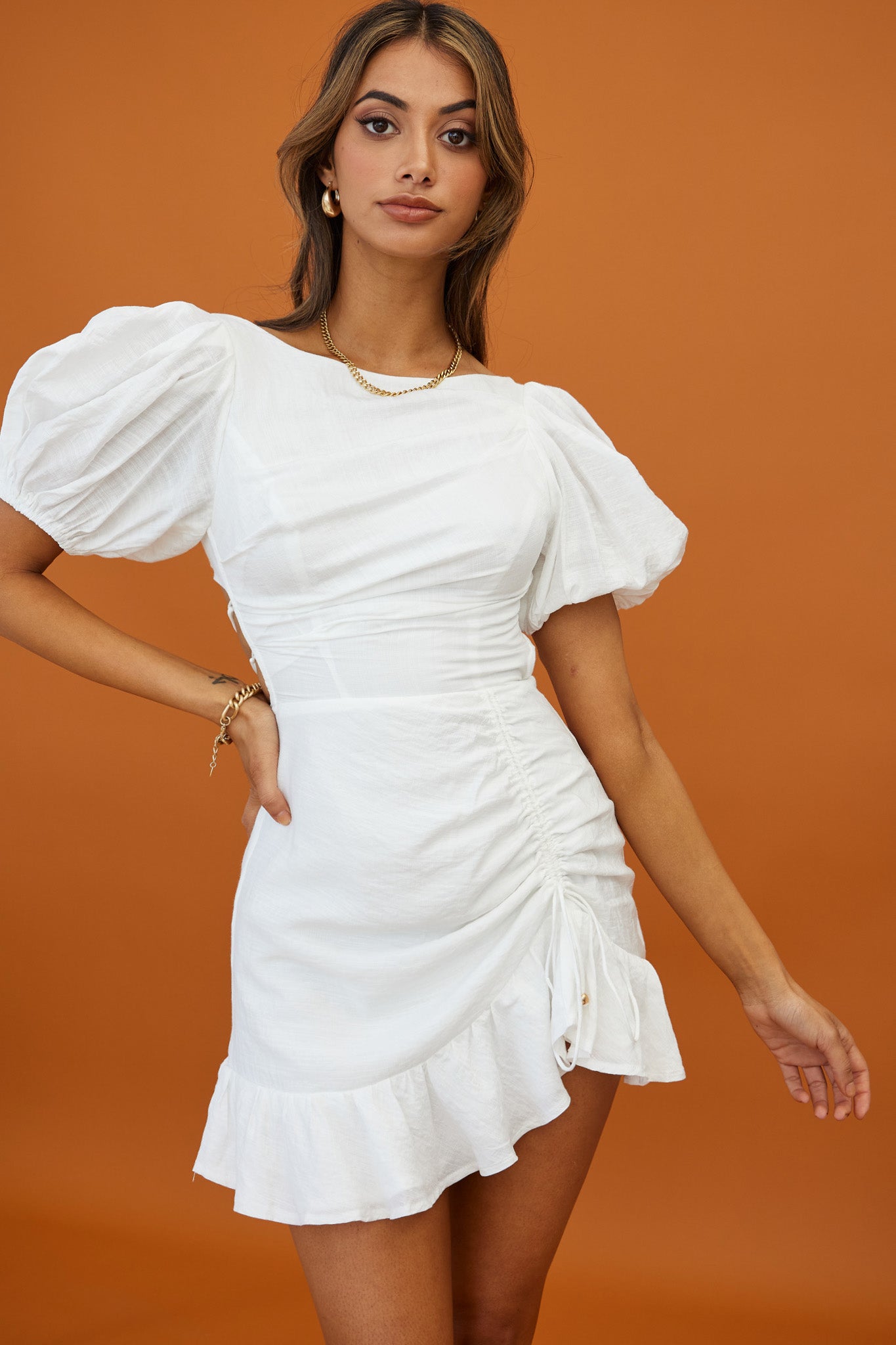 Rhode Puff Sleeve Strappy Back Dress White by Selfie Leslie