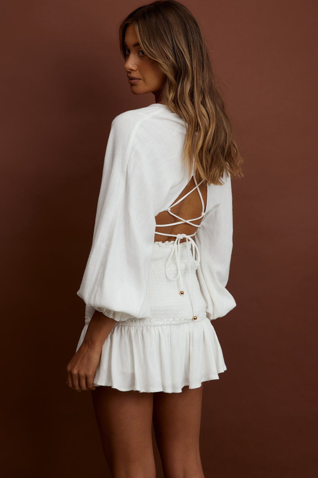 Aubrette Shirred Waist Mini Skirt White by Selfie Leslie